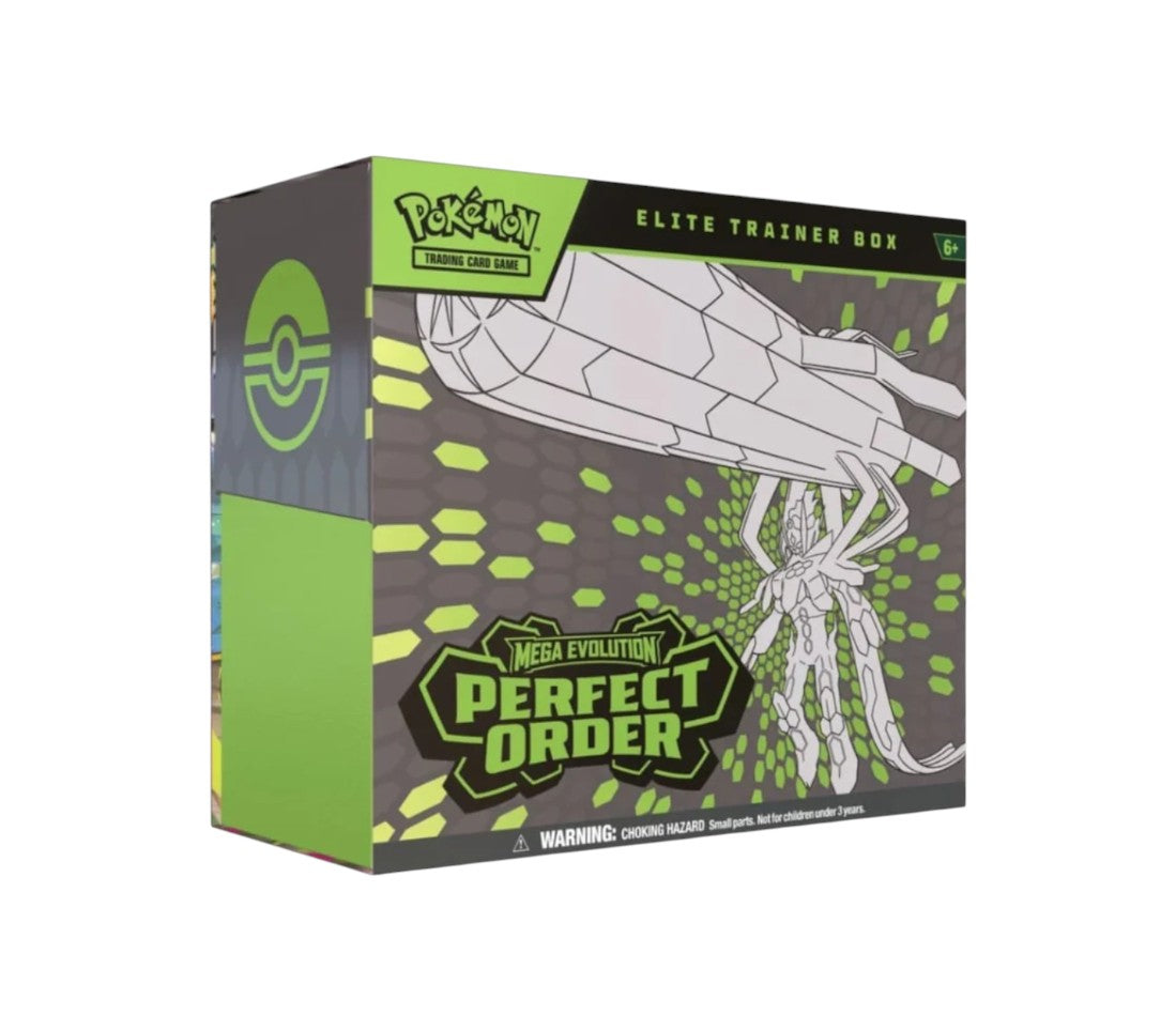 Lowkey Stock Pokémon TCG Mega Evolution Perfect Order Elite Trainer Box in green and black packaging