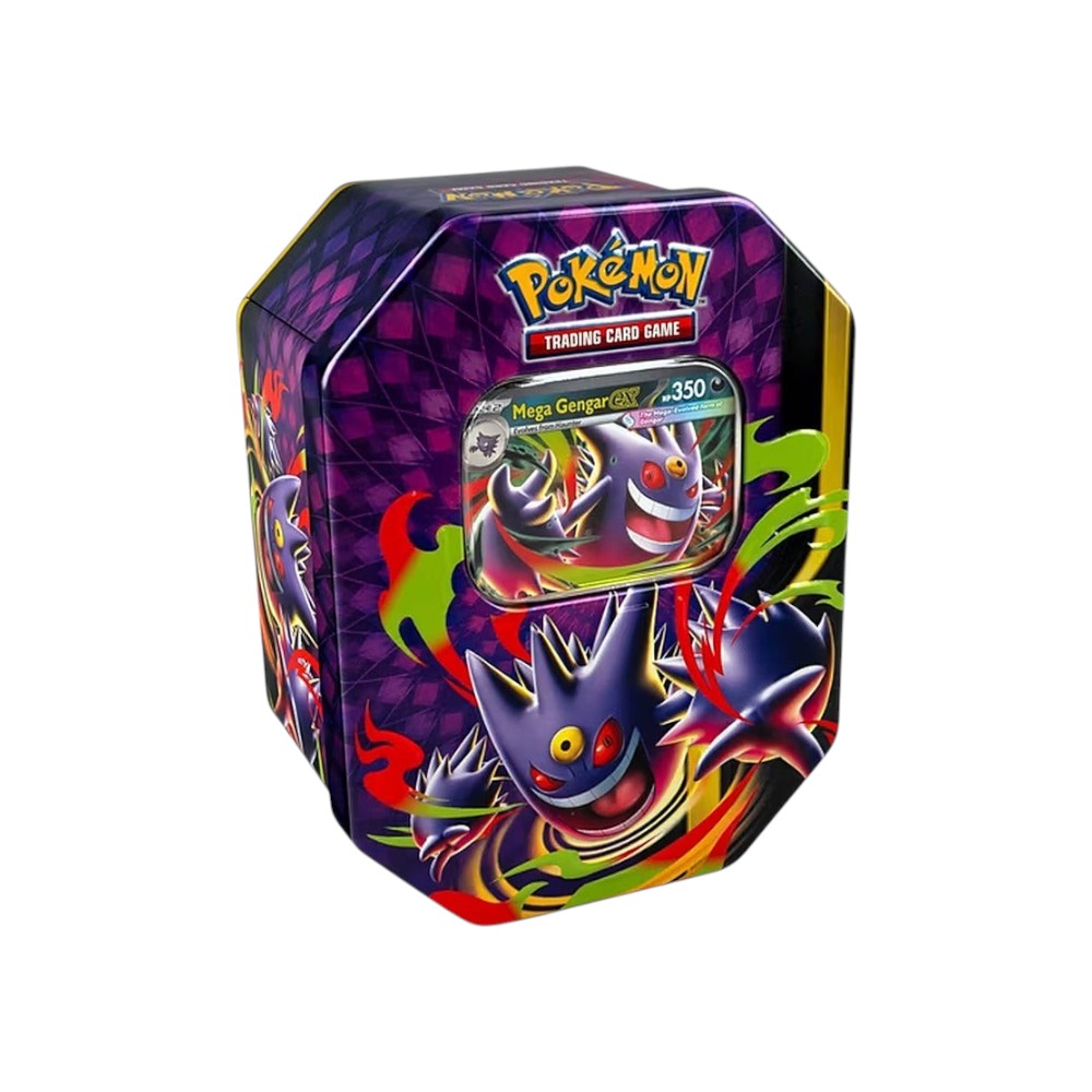 Lowkey Stock Pokémon TCG Mega Moonlit Tin featuring Mega Gengar ex artwork and foil promo card display window