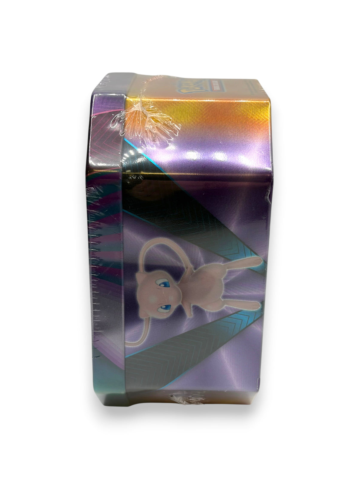 Lowkey Stock sealed Pokemon trading card tin featuring Mew artwork on a metallic purple background