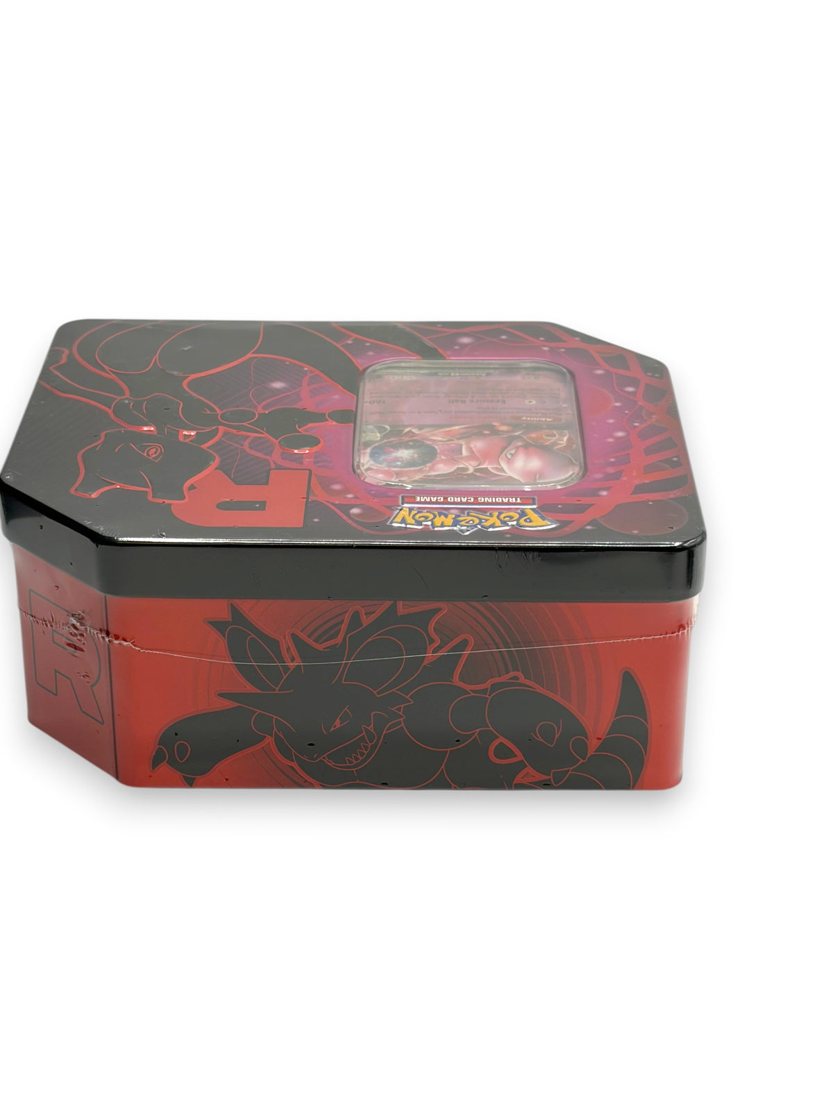 Lowkey Stock Pokemon TCG Team Rockets Mewtwo EX tin featuring red and black artwork with a factory sealed finish
