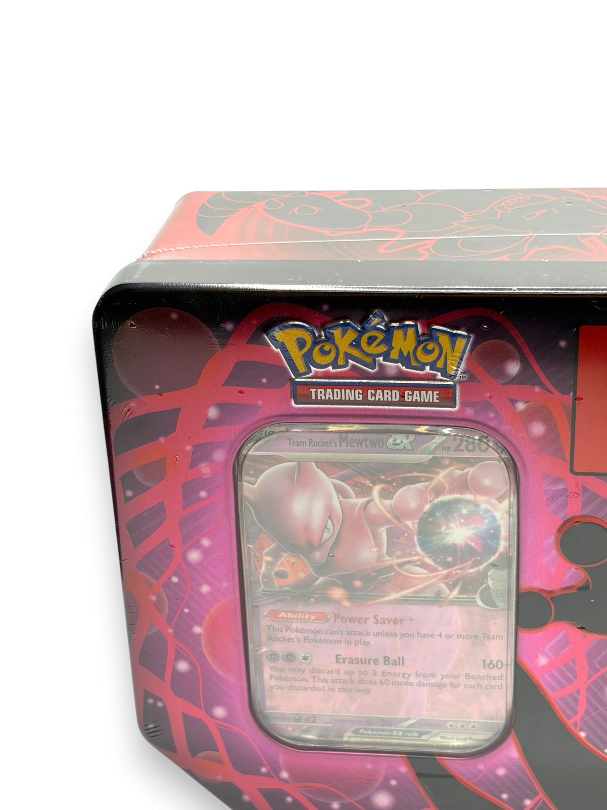 Lowkey Stock Pokemon TCG Team Rocket Mewtwo EX collector tin with factory seal and visible Mewtwo EX trading card