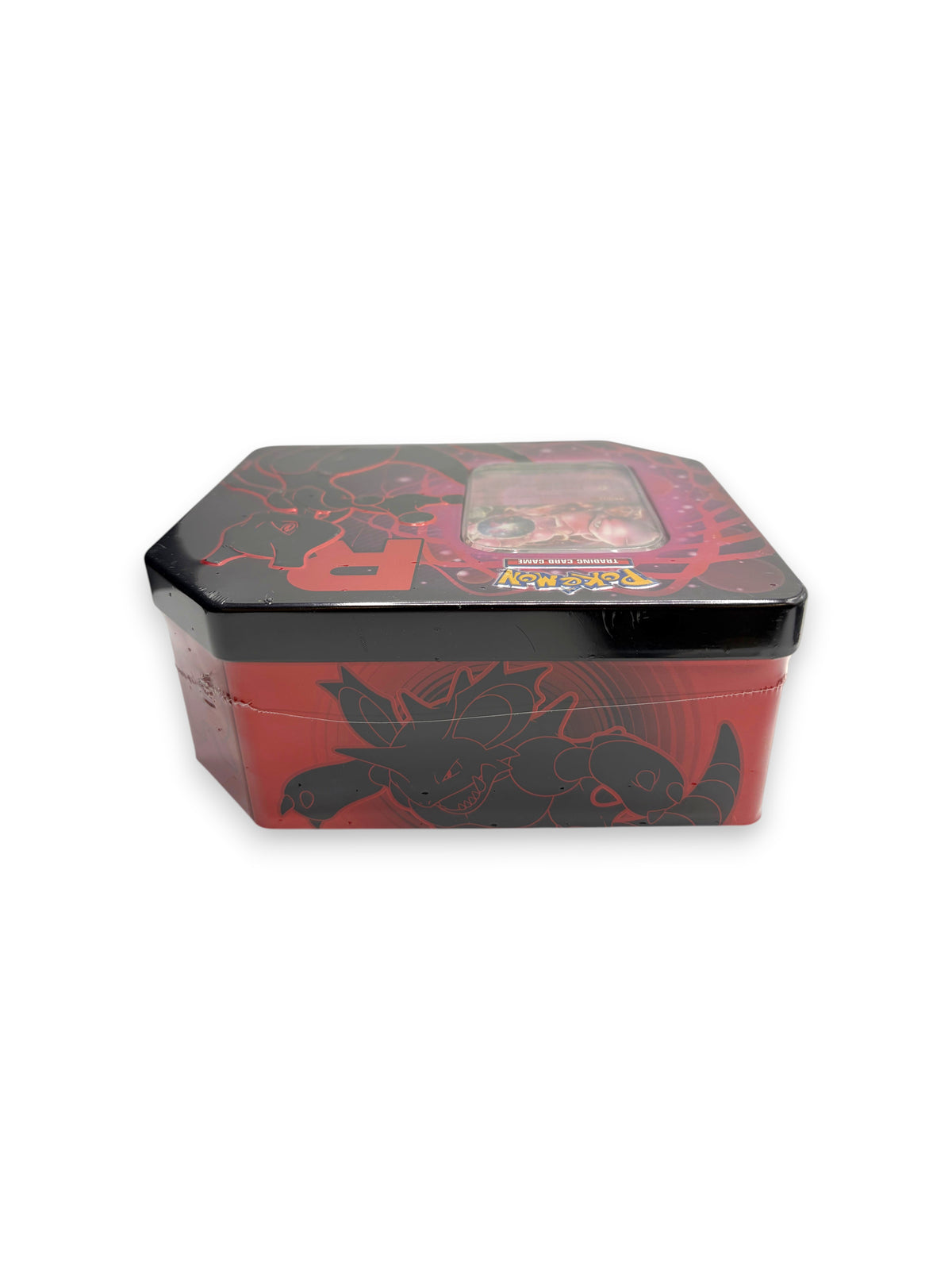Lowkey Stock factory sealed Pokemon TCG Team Rocket Mewtwo EX tin featuring red and black graphics on a white background