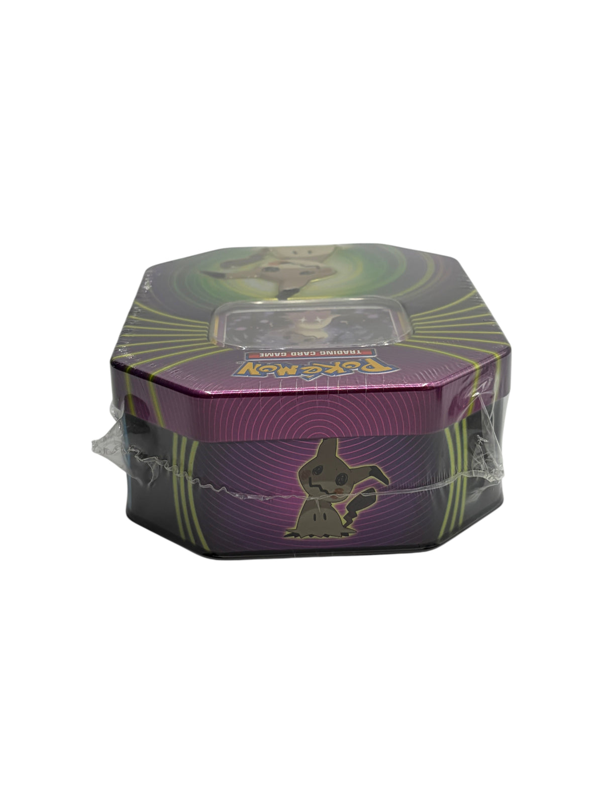 Lowkey Stock factory sealed Pokémon Mighty Mysterious tin featuring Mimikyu artwork on a purple metallic container