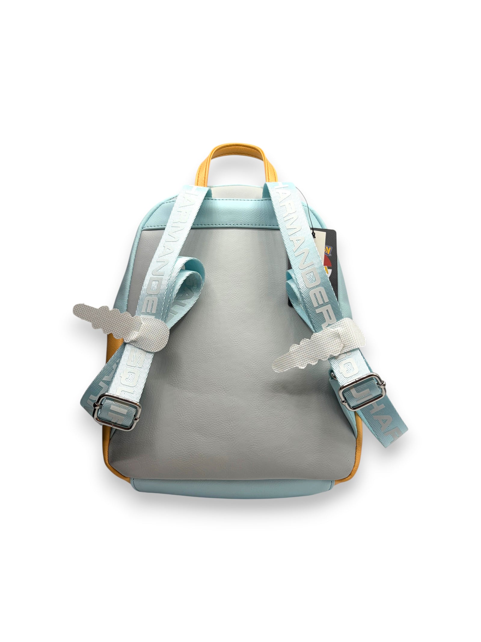 Lowkey Stock Loungefly Pokemon Kanto Starters mini backpack back view with light blue branded adjustable straps