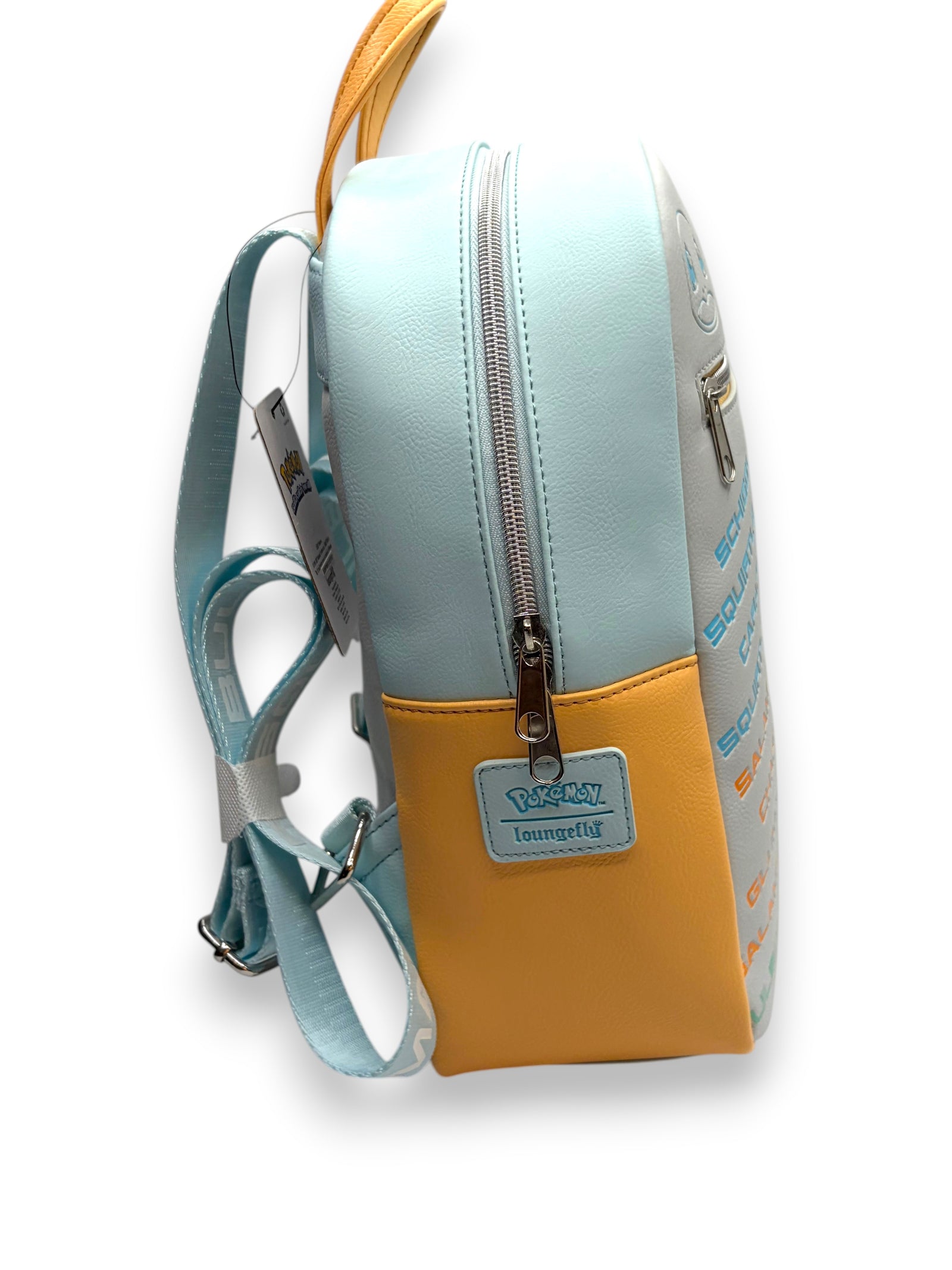 Lowkey Stock Loungefly Pokemon Kanto Starters mini backpack in light blue and yellow faux leather, side view.