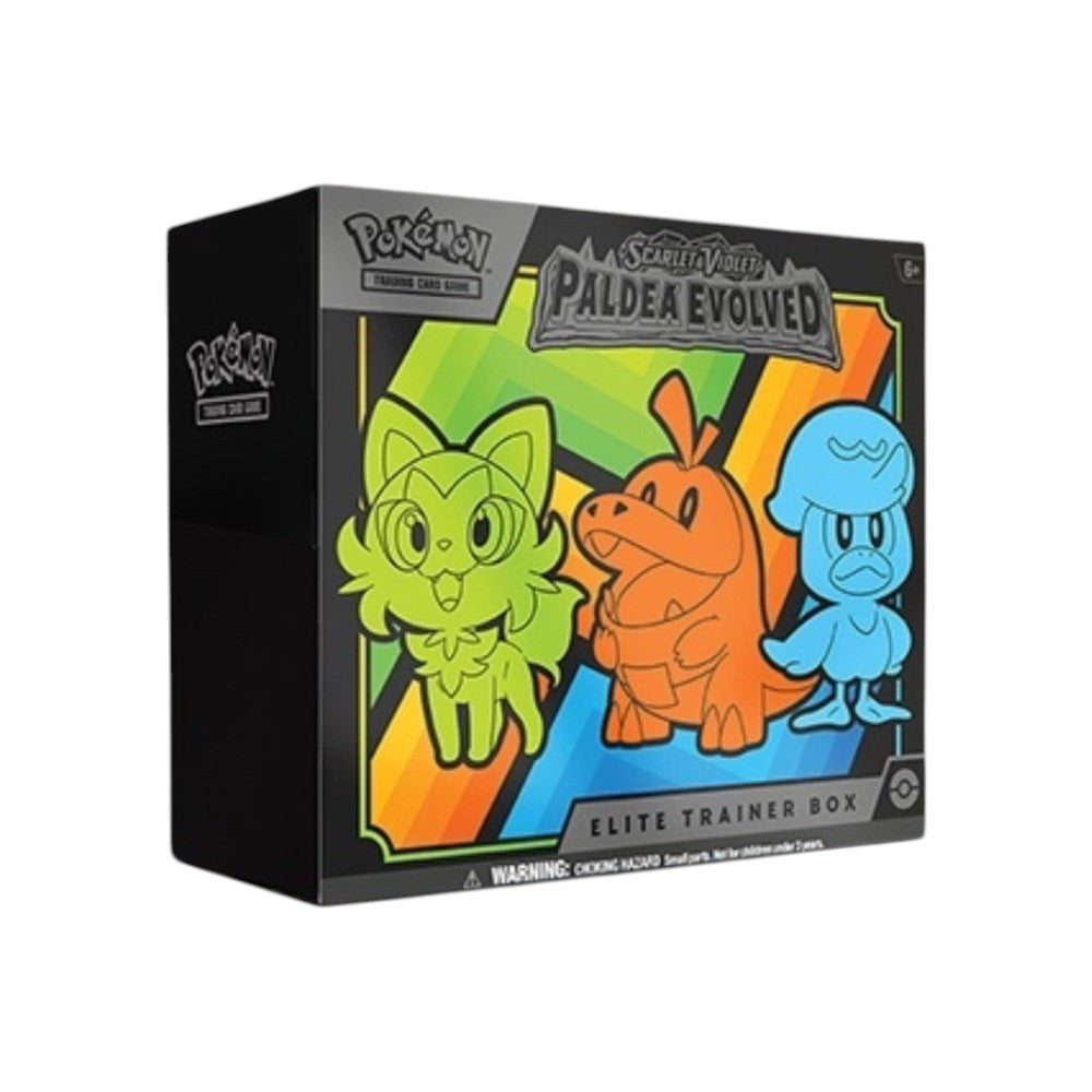 Lowkey Stock Pokémon TCG Scarlet & Violet Paldea Evolved Elite Trainer Box featuring Sprigatito, Fuecoco, and Quaxly