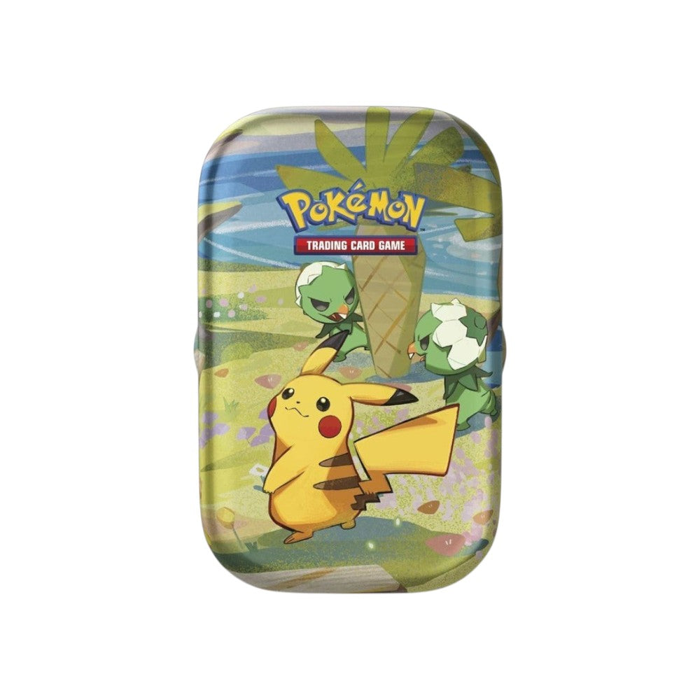 Lowkey Stock Pokémon TCG Paldea Friends Mini Tin featuring Pikachu and Sprigatito artwork on a metal collector case