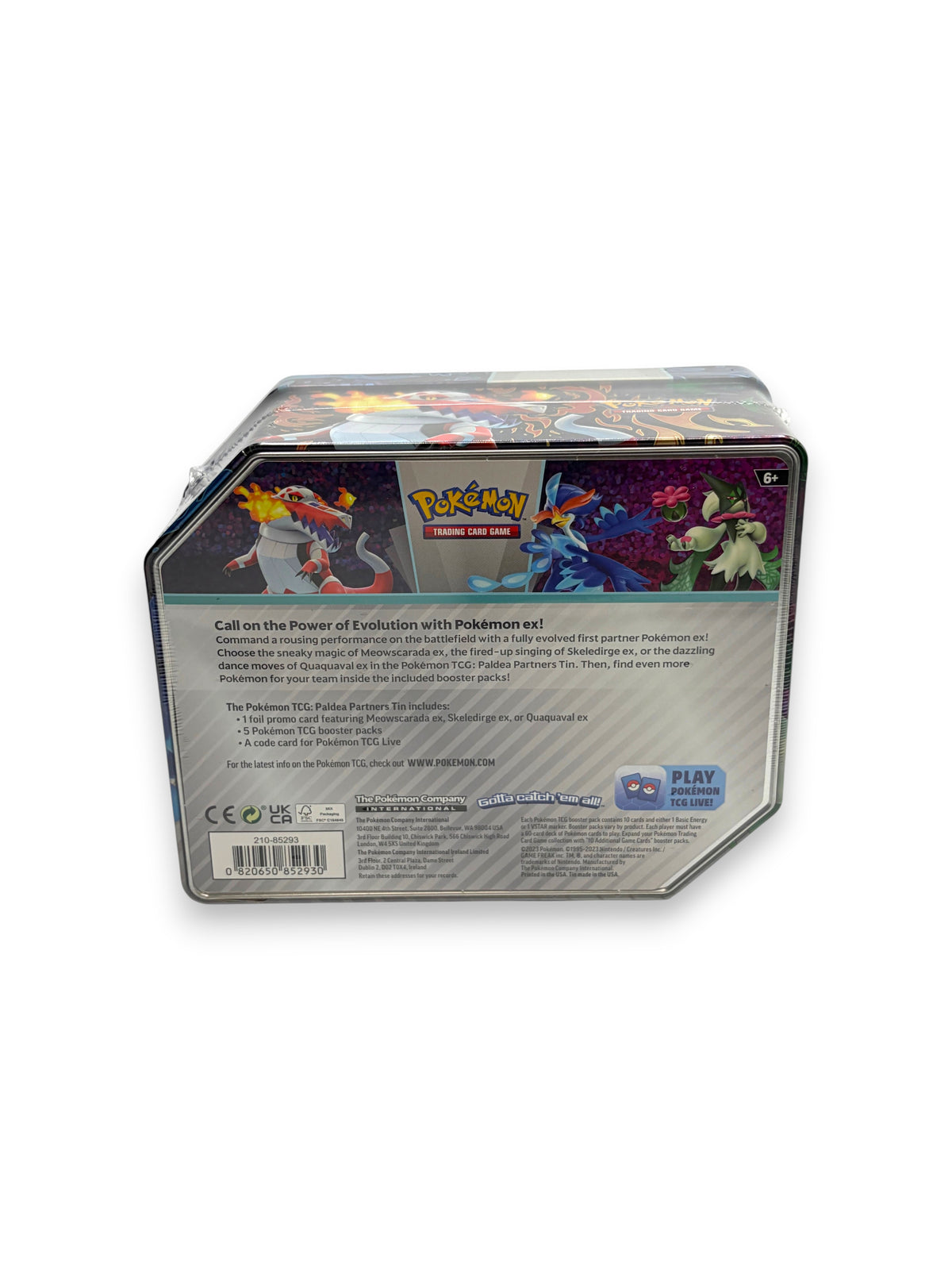 Lowkey Stock Pokemon TCG Paldea Partners Tin featuring Quaquaval ex artwork on the back of the sealed collector tin