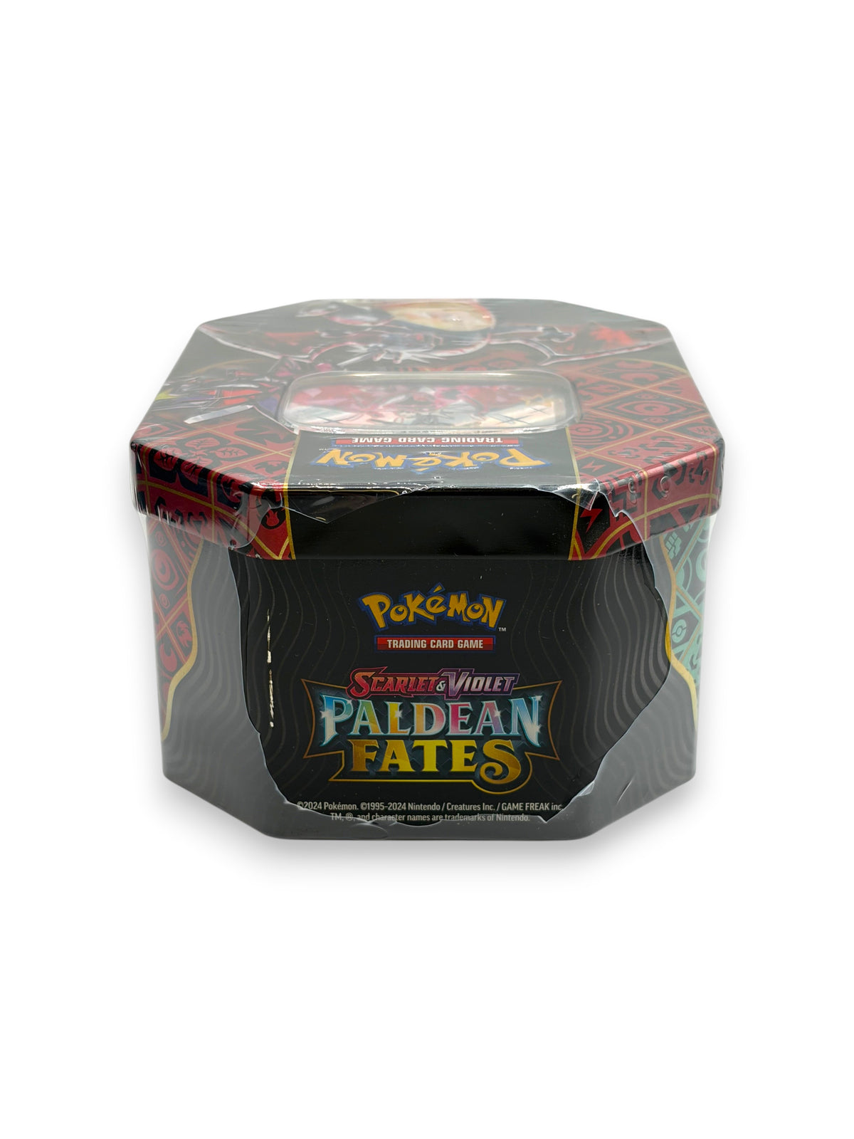 Lowkey Stock sealed Pokemon Paldean Fates Charizard ex trading card tin with minor plastic wrap tears