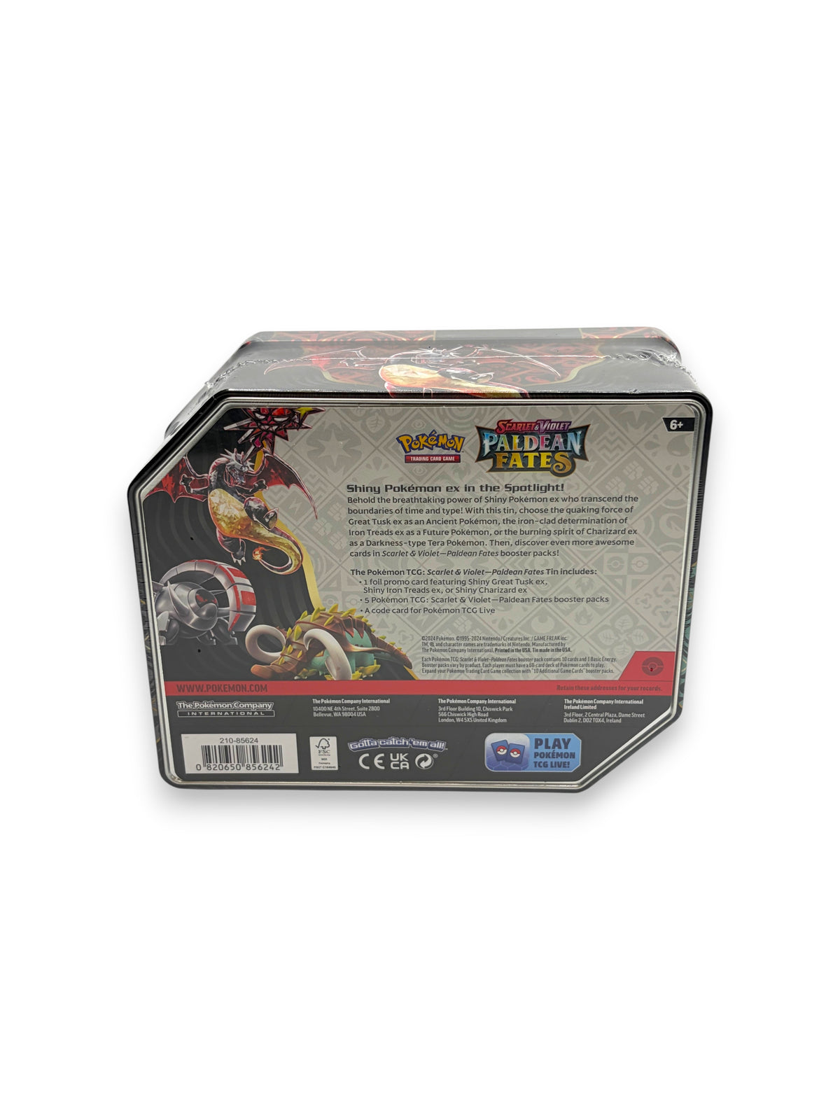 Lowkey Stock Pokémon TCG Scarlet & Violet Paldean Fates Shiny Charizard ex tin back view with product details