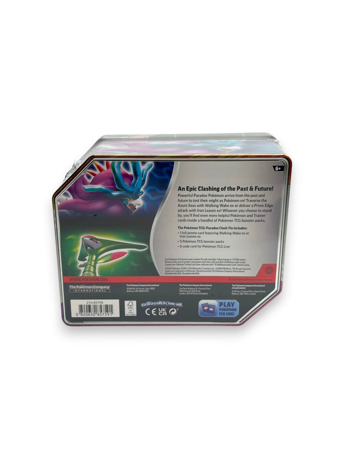 Lowkey Stock Pokemon Paradox Clash Tin featuring Iron Leaves ex, showing back of sealed collectible trading card tin.