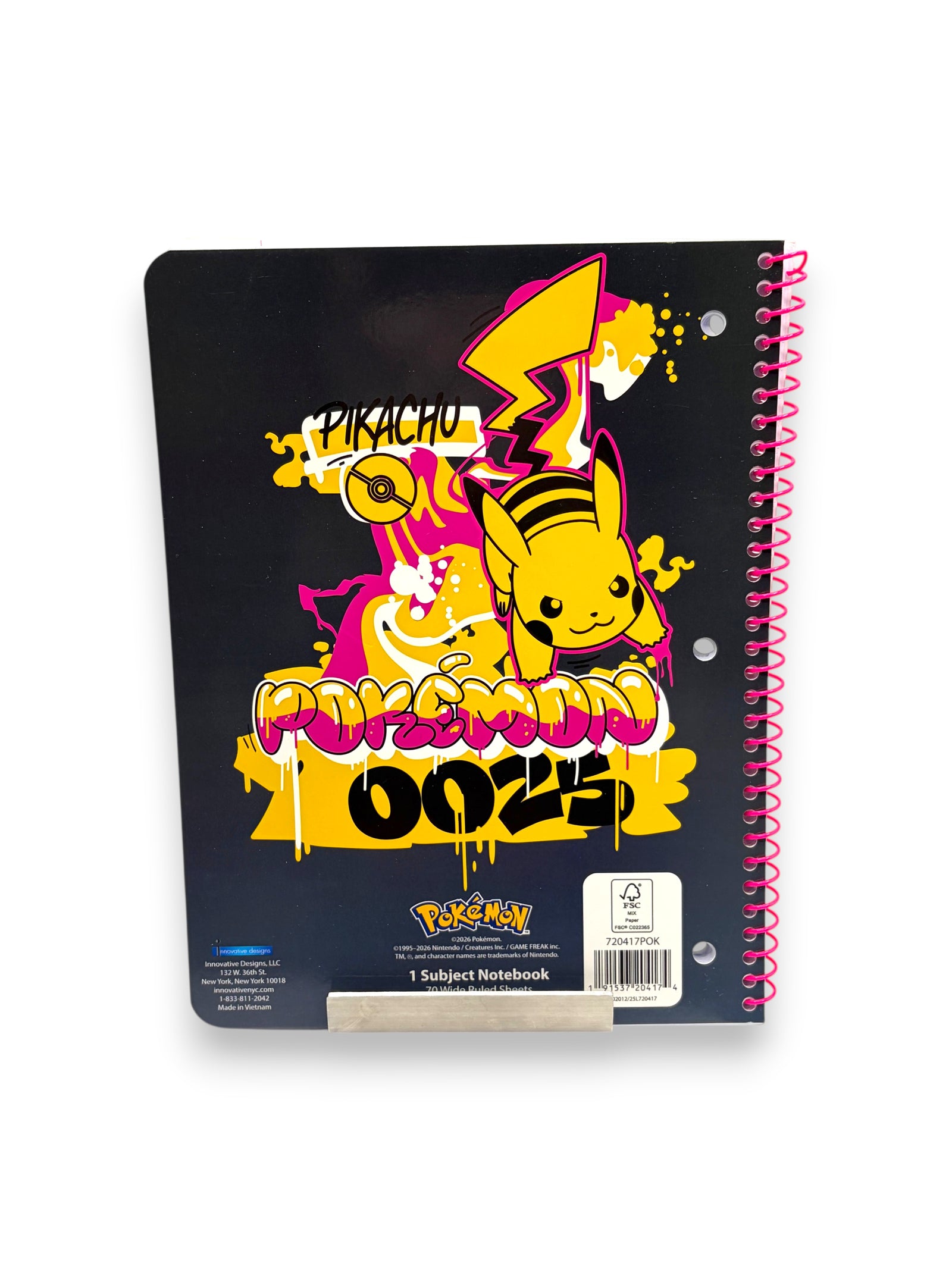 Lowkey Stock Pokémon spiral notebook featuring a black cover with a yellow Pikachu and graffiti-style graphics
