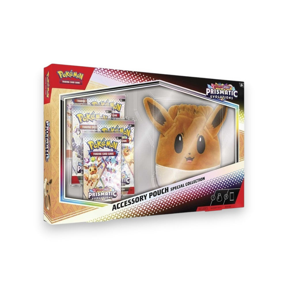 Lowkey Stock Pokémon TCG Prismatic Evolutions collection box featuring an Eevee plush pouch and five booster packs.