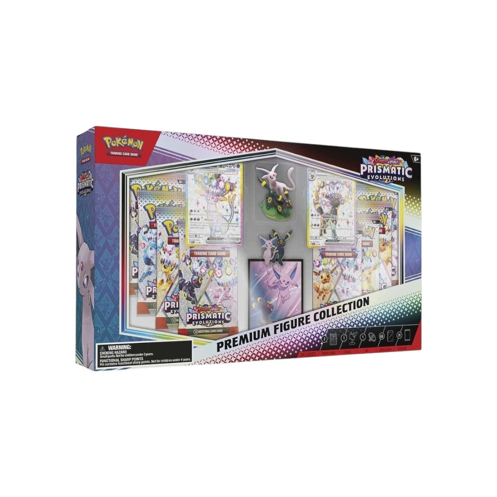 Lowkey Stock Pokémon TCG Prismatic Evolutions Premium Figure Collection box with Espeon and Umbreon cards and figure