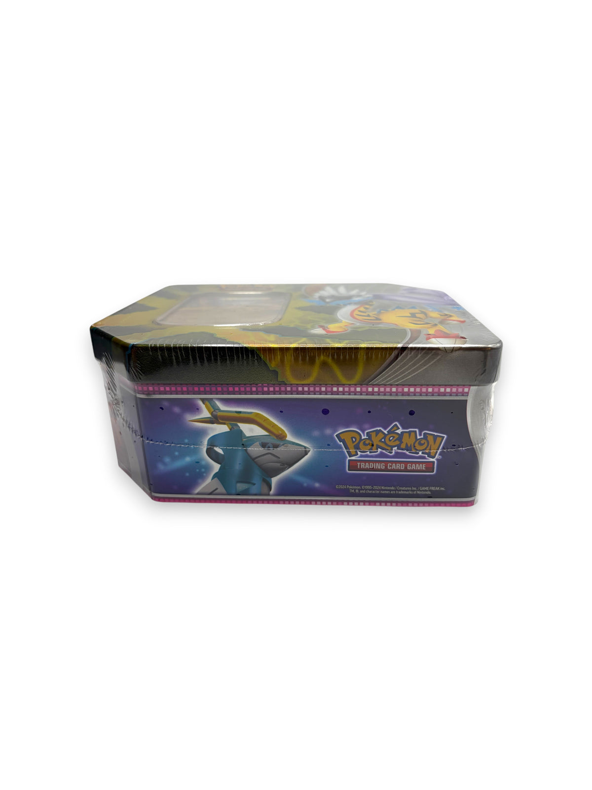 Lowkey Stock Pokémon TCG Paradox Destinies Tin featuring Raging Bolt ex, factory sealed in a hexagonal metal container.