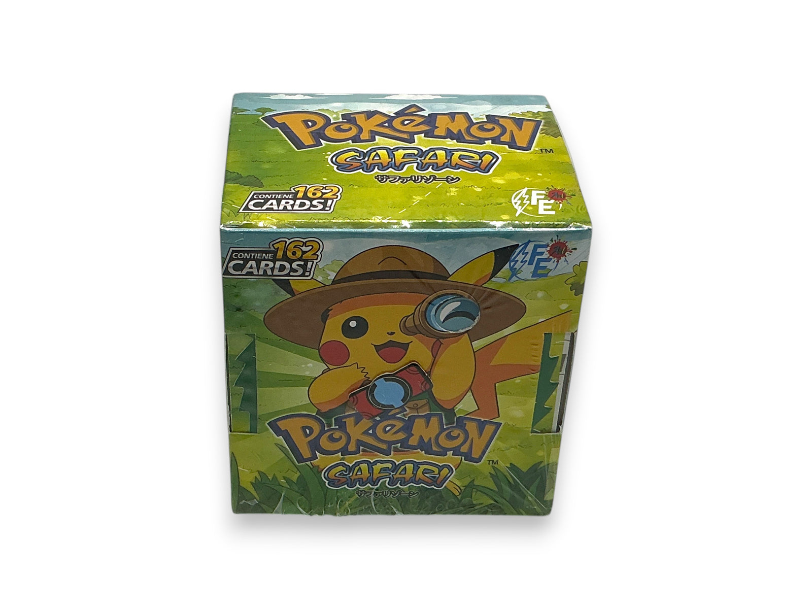 Lowkey Stock Pokemon Safari bootleg trading card box featuring Pikachu in a safari hat with 162 cards inside