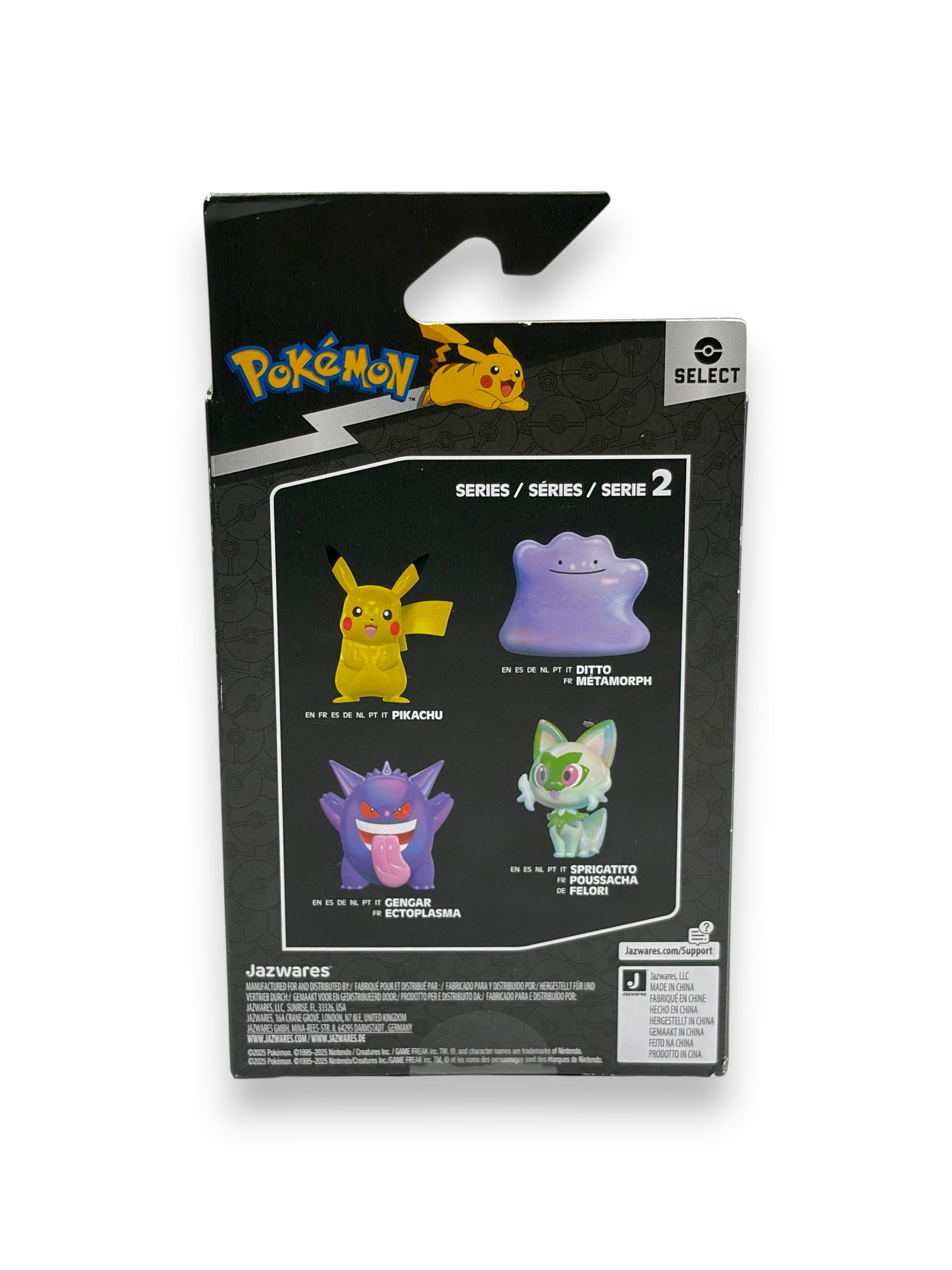Lowkey Stock Jazwares Pokemon Select Series 2 packaging back showing Pikachu, Ditto, Gengar, and Sprigatito figures