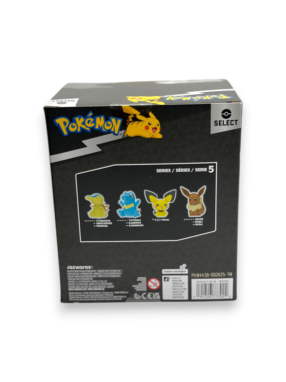 Lowkey Stock Pokémon Select Series 5 vinyl figure packaging back view showing Cyndaquil, Totodile, Pichu, and Eevee