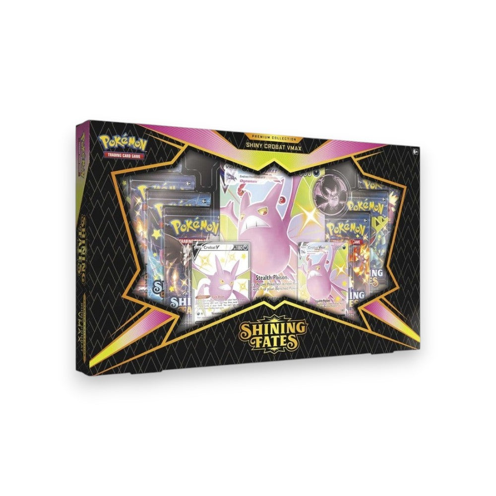 Lowkey Stock Pokémon TCG Shining Fates Premium Collection box featuring Shiny Crobat V and VMAX promo cards