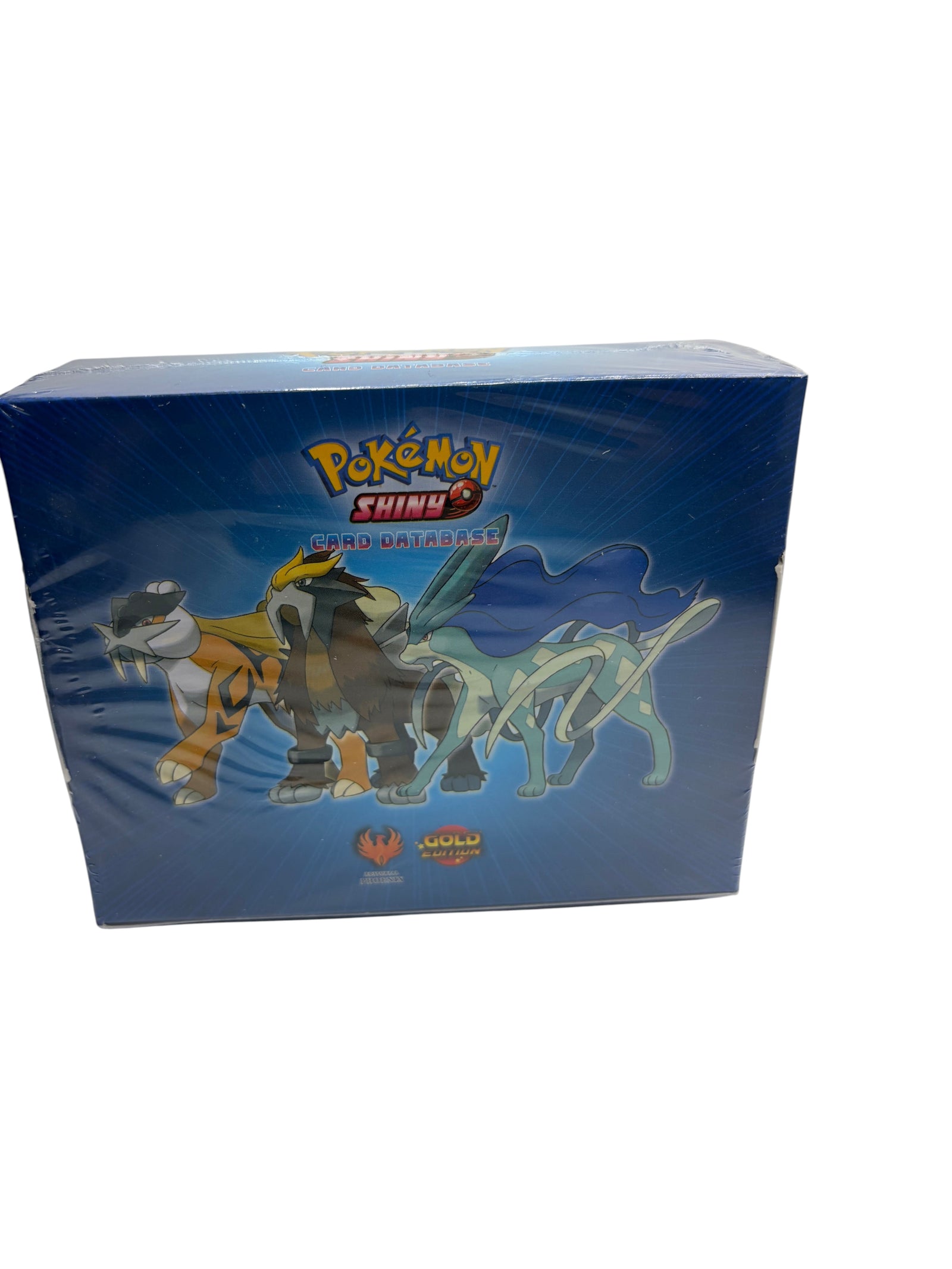 Lowkey Stock sealed Pokémon Shiny Gold Edition card database box featuring Raikou, Entei, and Suicune illustrations.