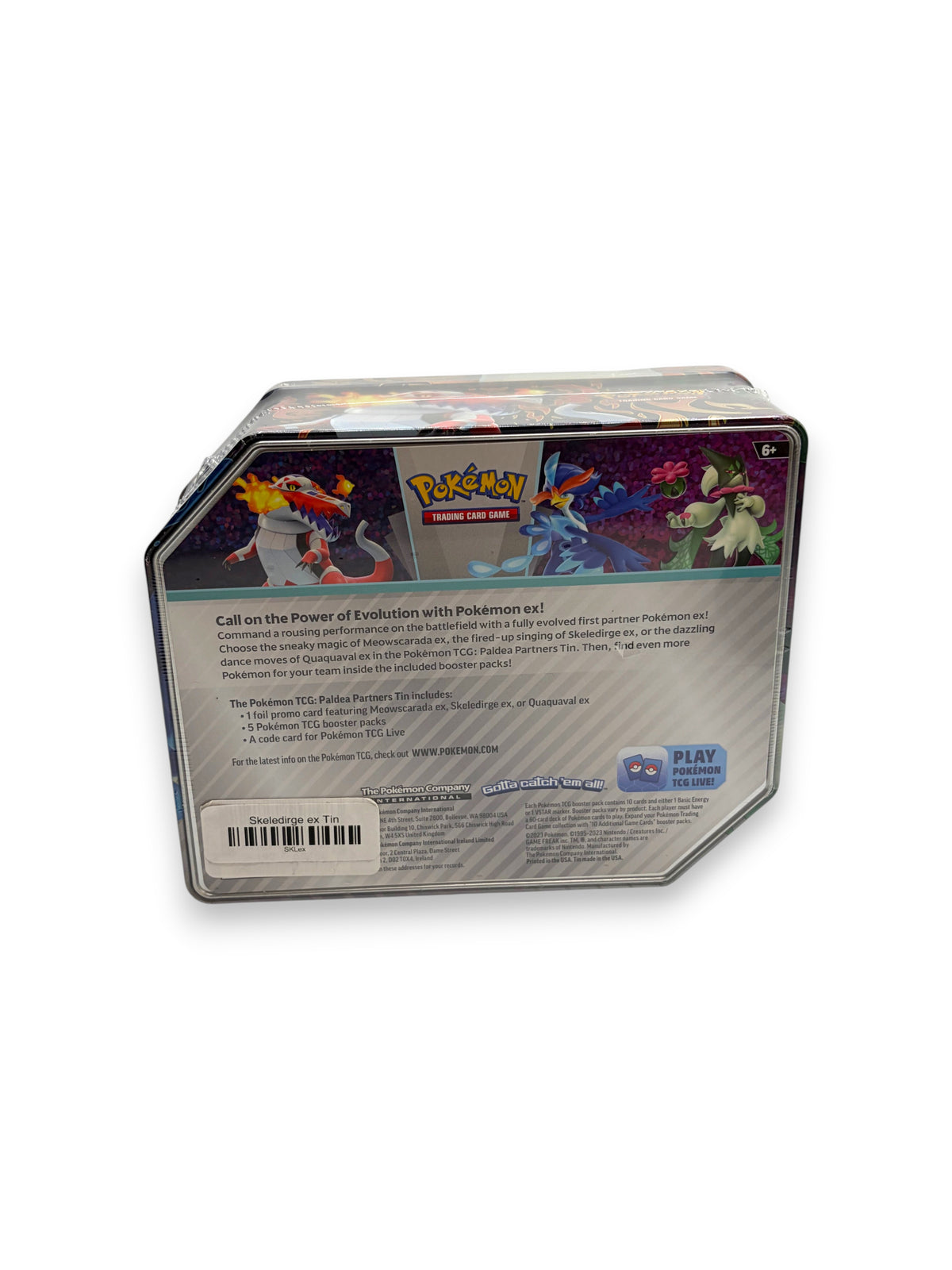 Lowkey Stock Pokemon TCG Paldea Partners Skeledirge EX tin featuring five booster packs in factory sealed condition