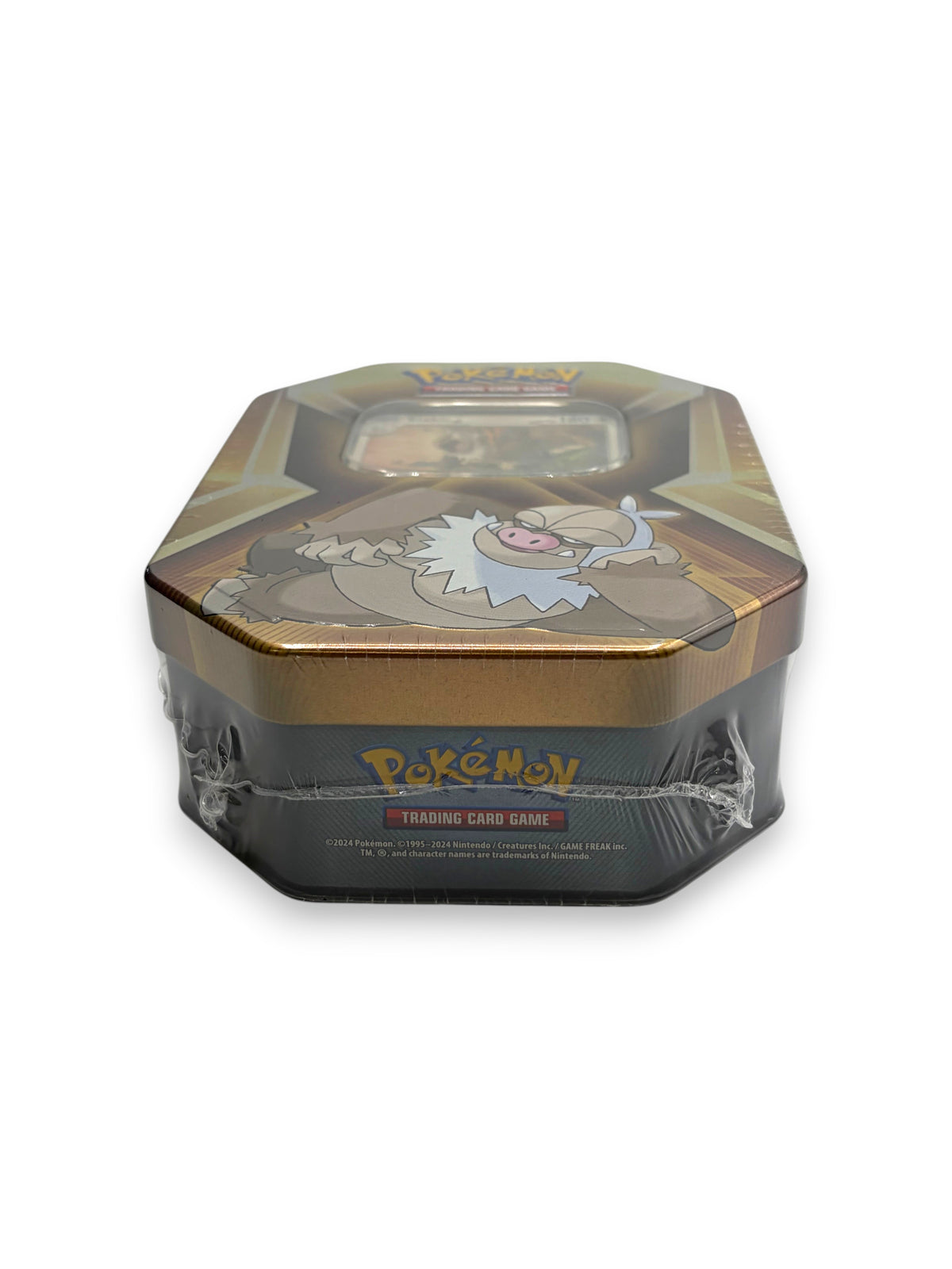 Lowkey Stock Pokemon TCG Triple Whammy Slaking collector tin, factory sealed with three booster packs inside.