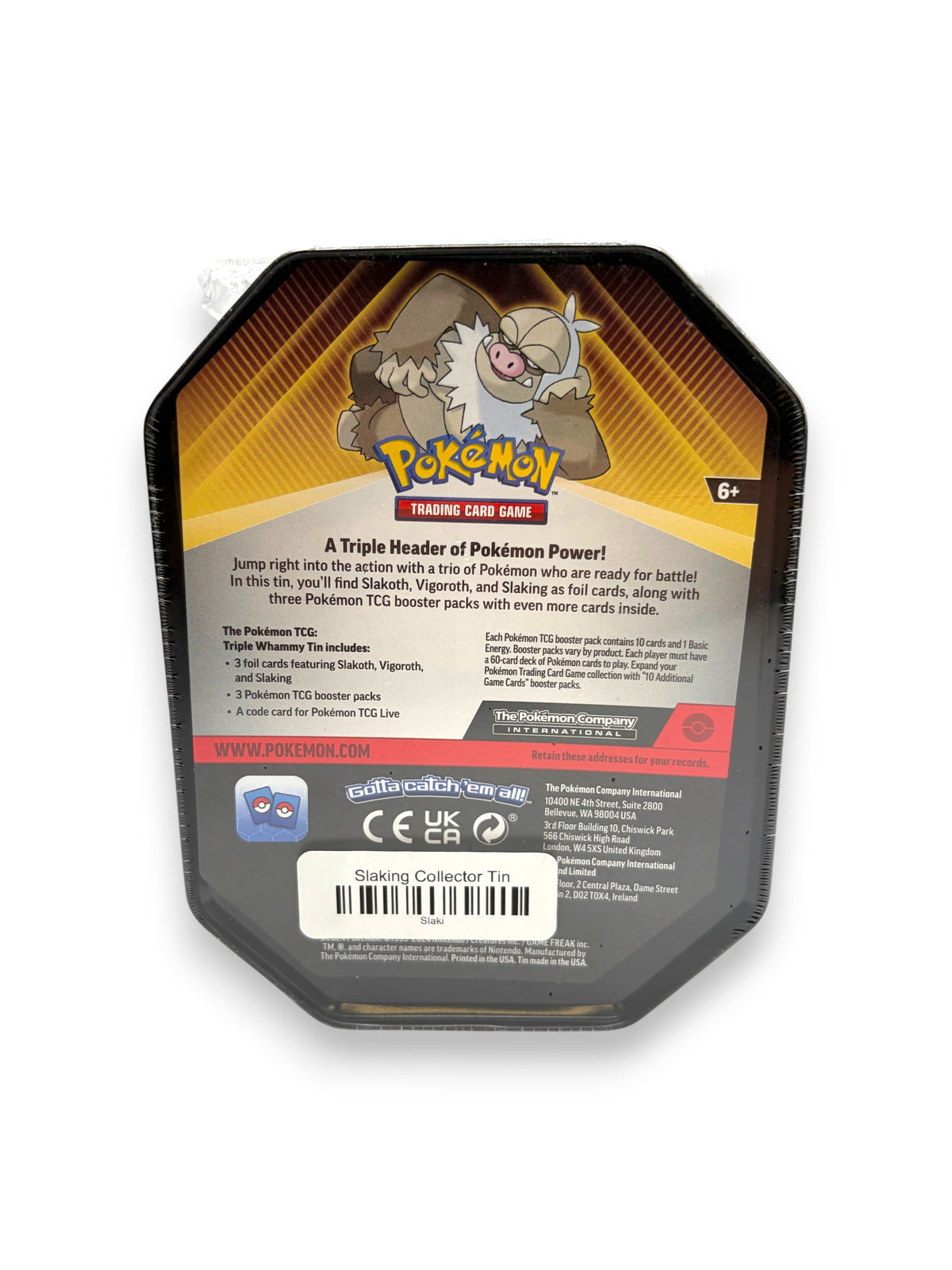 Lowkey Stock Pokemon TCG Triple Whammy Slaking collector tin featuring Slakoth, Vigoroth, and Slaking artwork