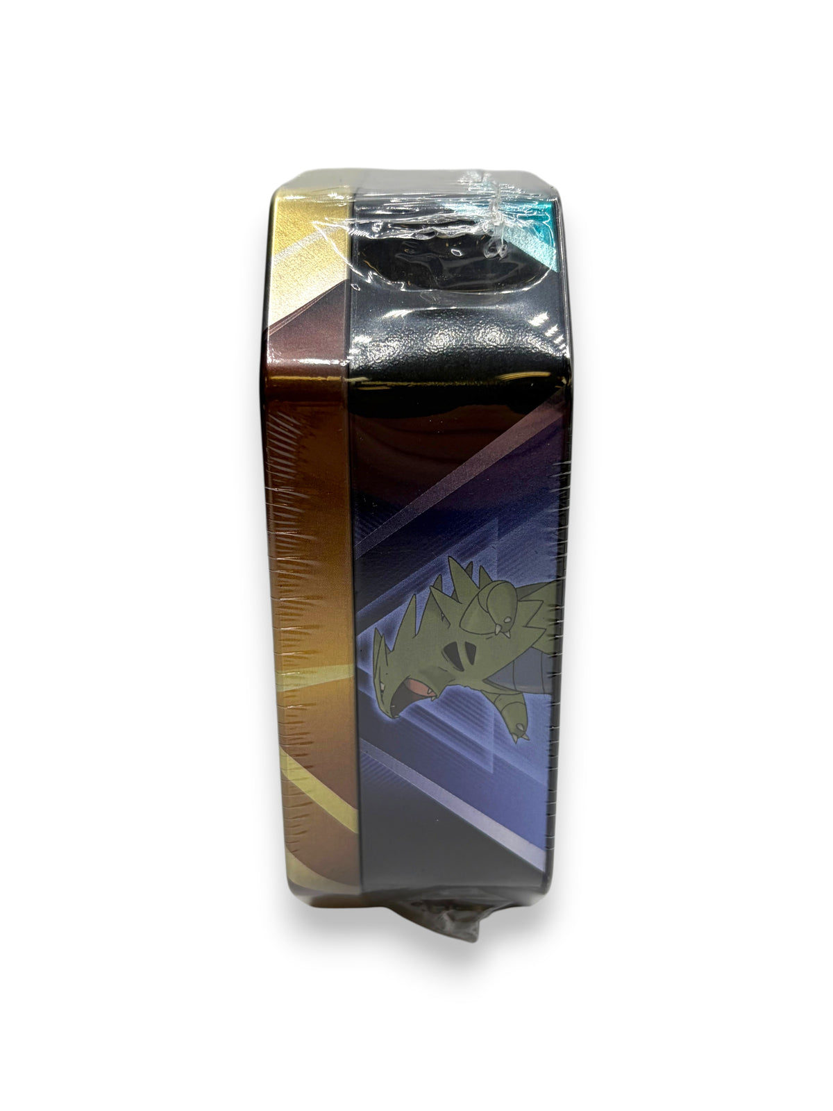 Lowkey Stock Pokemon TCG Triple Whammy Slaking collector tin, factory sealed with side view of Tyranitar artwork.