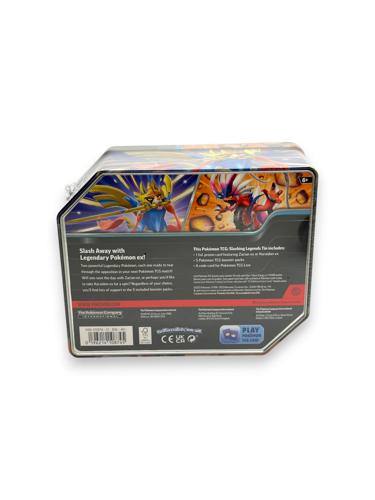 Lowkey Stock Pokemon Slashing Legends Koraidon EX tin back view showing product details and five booster packs