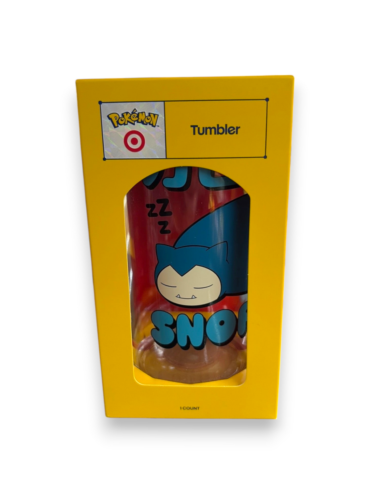 Lowkey Stock Pokemon x Target Snorlax tumbler in yellow branded packaging with blue Snorlax character graphic