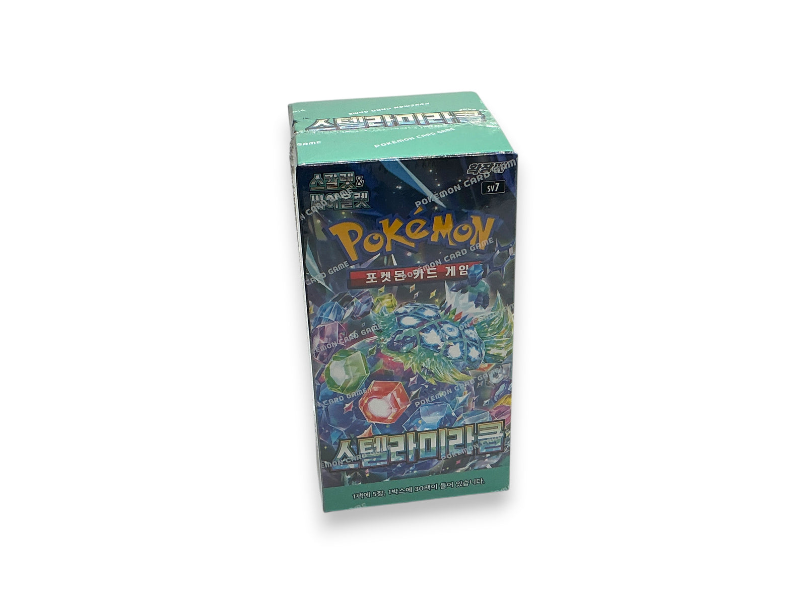 Lowkey Stock Pokemon Stellar Miracle SV7 Korean booster box with 30 sealed card packs featuring colorful gems