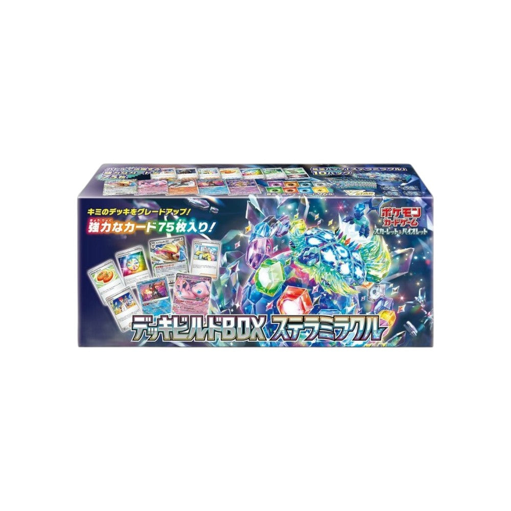 Lowkey Stock Pokémon Scarlet and Violet Stellar Miracle Deck Build Box featuring vibrant artwork and booster packs