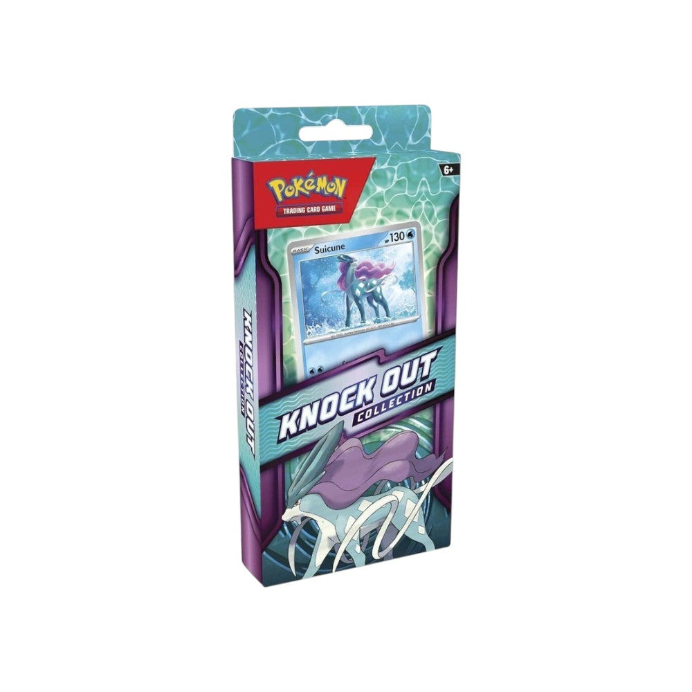 Lowkey Stock Pokémon TCG Knock Out Collection featuring a Suicune foil promo card, booster packs, and sticker sheet.