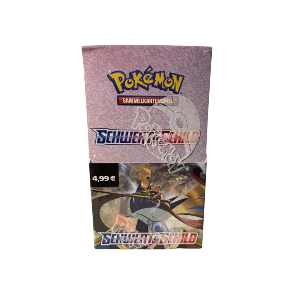 Lowkey Stock Pokémon Sword & Shield German 18-booster pack display box, factory sealed with Zacian and Zamazenta art.