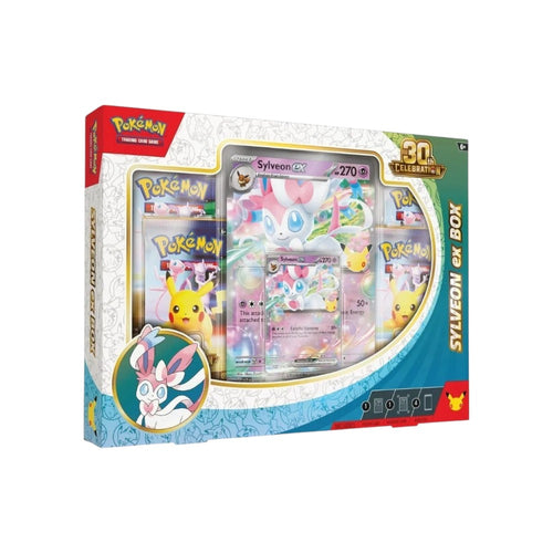 Lowkey Stock Pokémon TCG 30th Celebration Sylveon ex box featuring foil promo cards and four booster packs