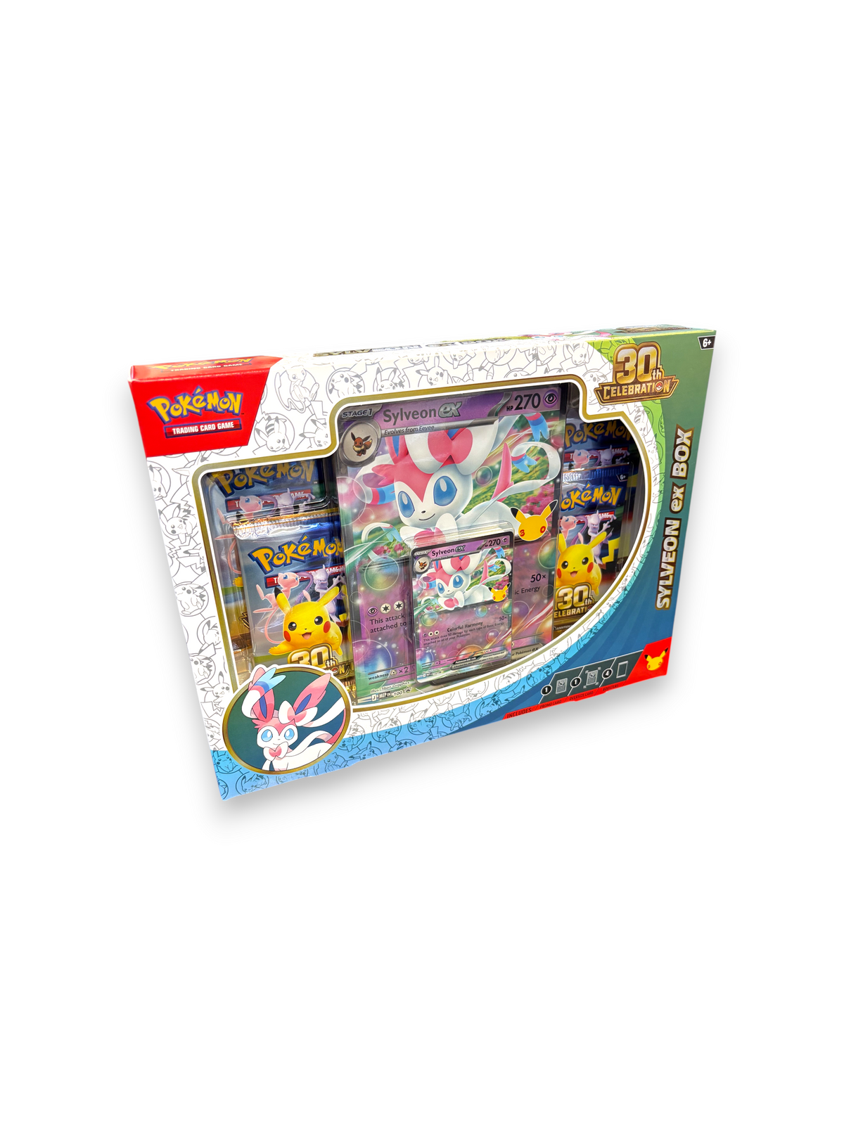 Lowkey Stock Pokemon 30th Anniversary Sylveon ex trading card collection box with booster packs and promo cards