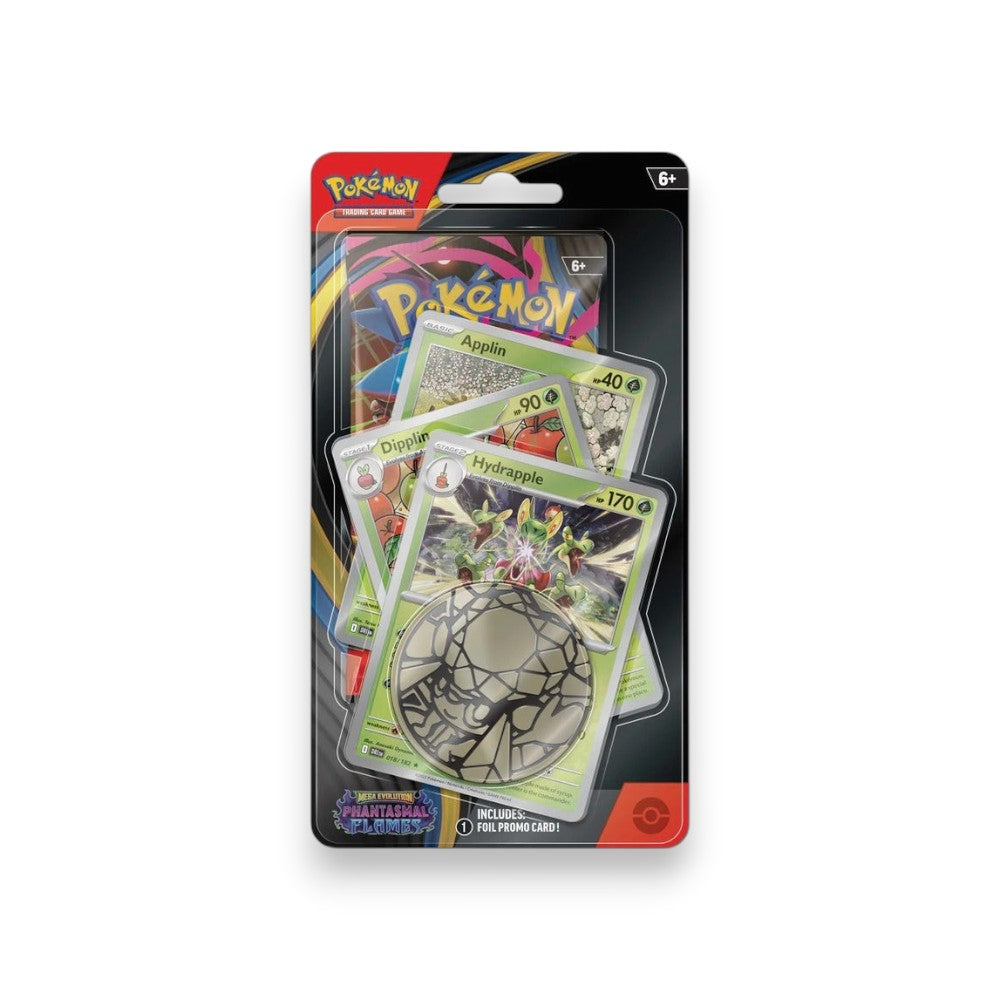 Lowkey Stock Pokémon TCG Mega Evolution Phantasmal Flames blister pack with booster, promo cards, and game coin