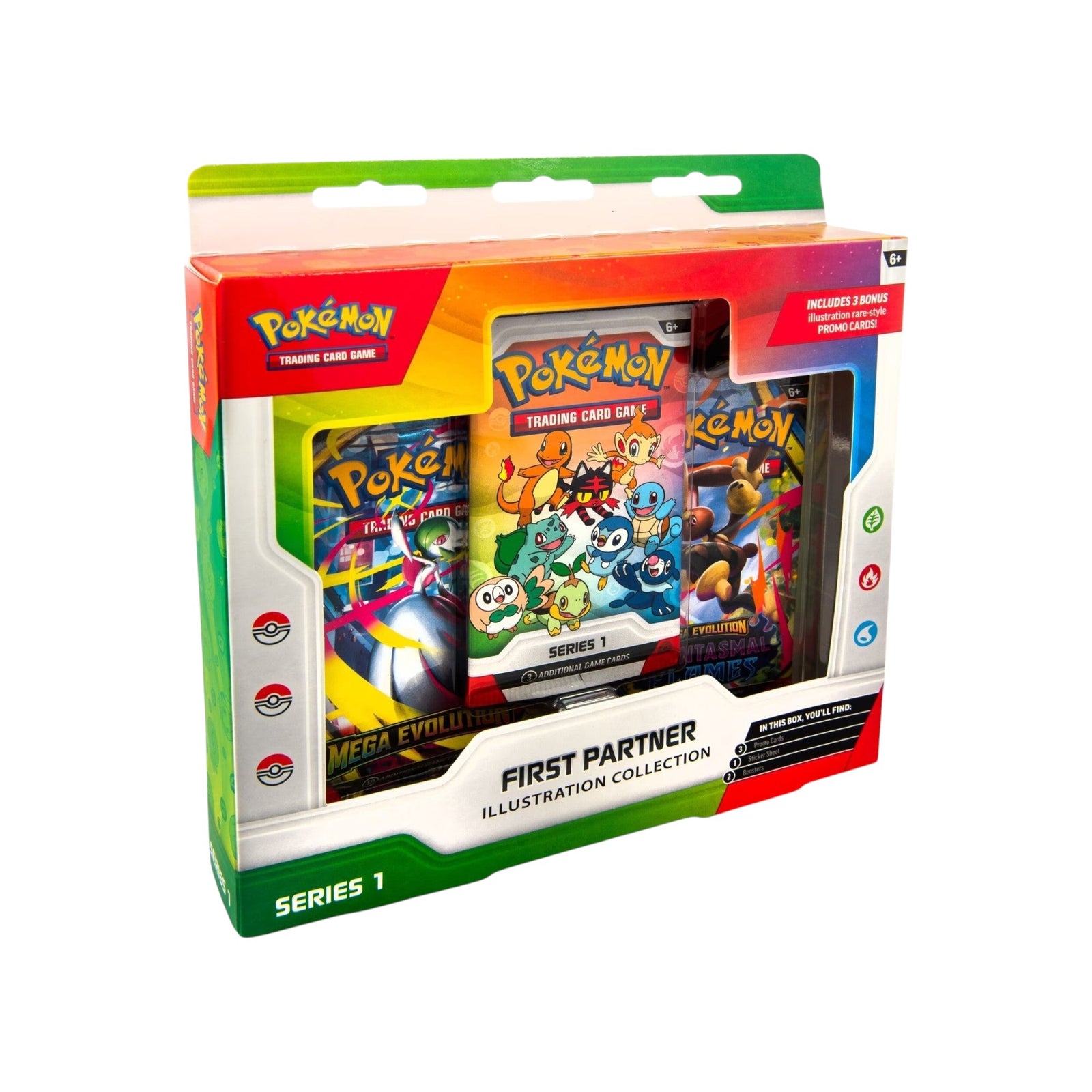 Lowkey Stock Pokémon TCG First Partner Illustration Collection Series 1 box with promo cards and booster packs