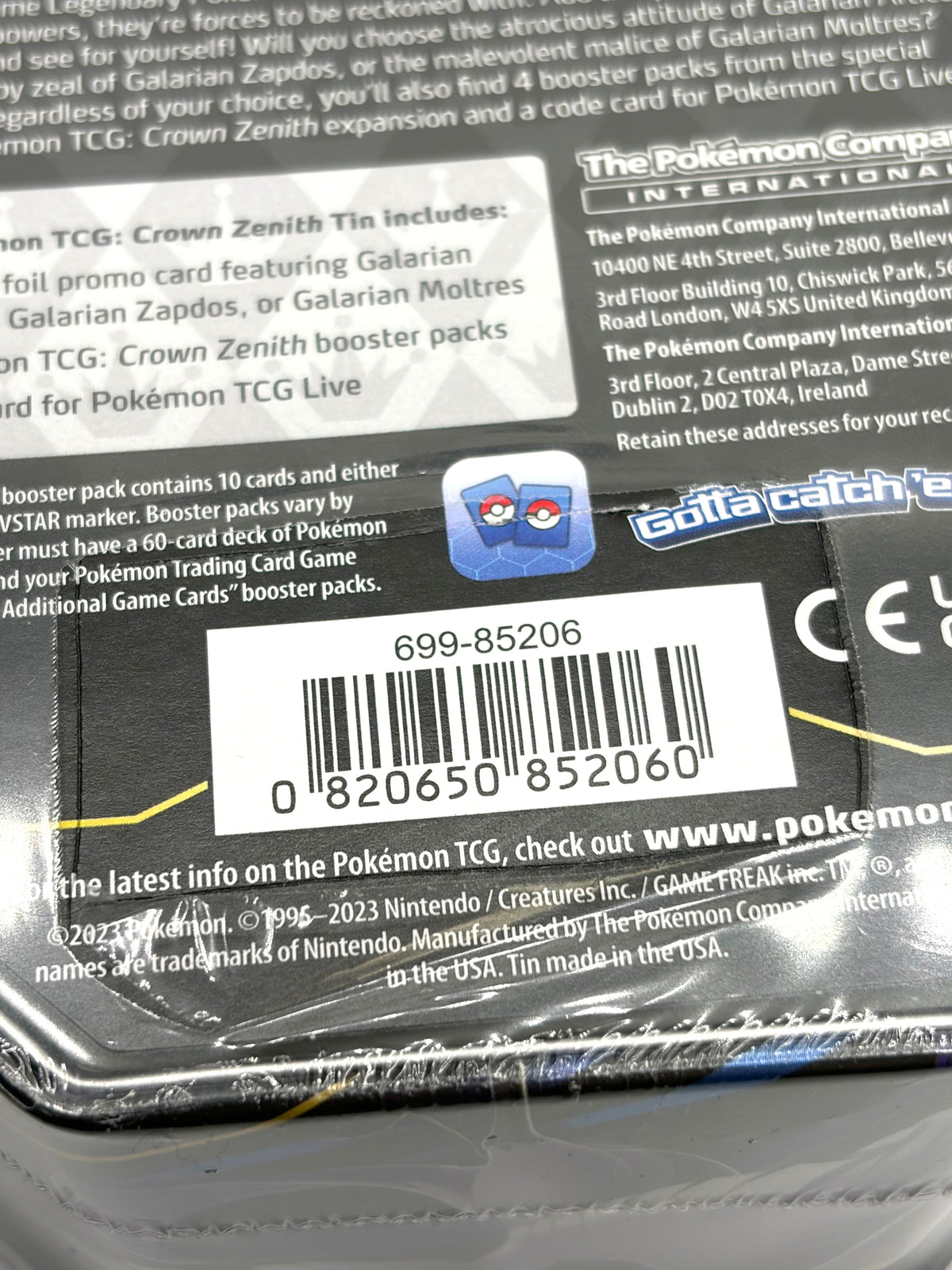 Lowkey Stock Pokemon TCG Crown Zenith Galarian Moltres tin barcode and product information on back packaging