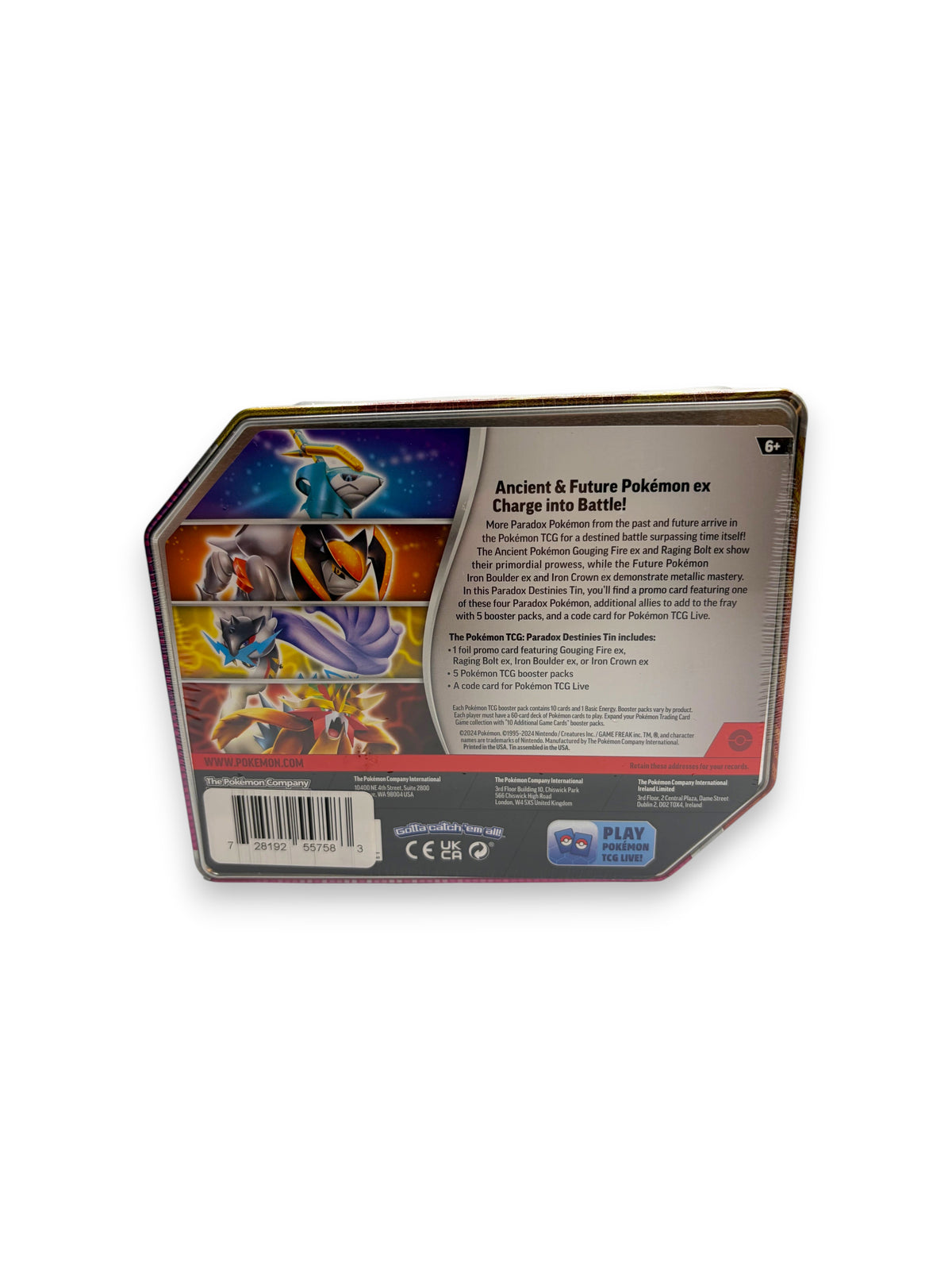 Back of Lowkey Stock Pokémon TCG Paradox Destinies Tin featuring Raging Bolt ex artwork and product details