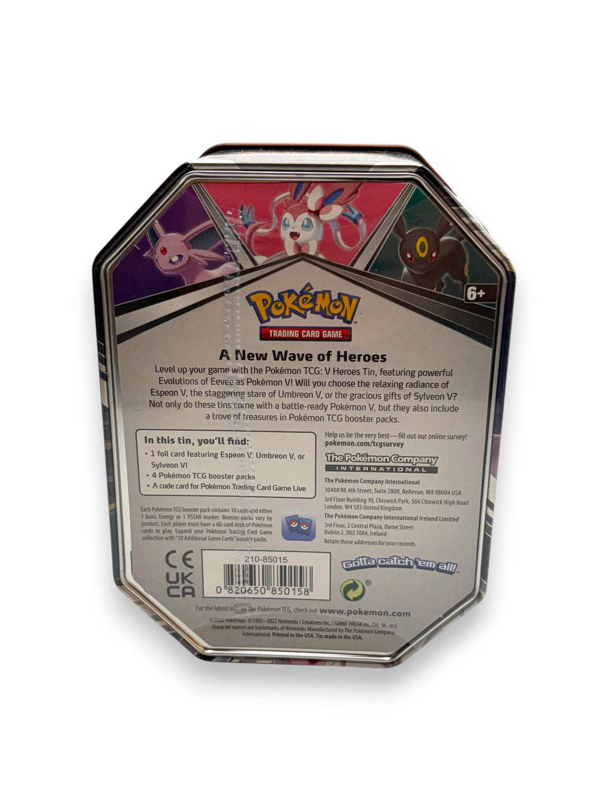 Lowkey Stock Pokémon TCG V Heroes Tin featuring Umbreon V branding on the back of the collectible metal storage tin
