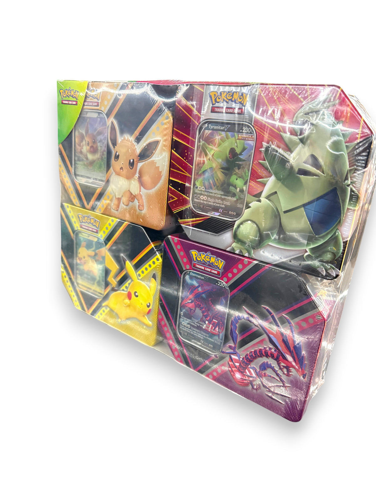 Lowkey Stock Pokémon TCG Costco Exclusive 4-Pack V Tins featuring Pikachu, Eevee, Eternatus, and Tyranitar artwork.