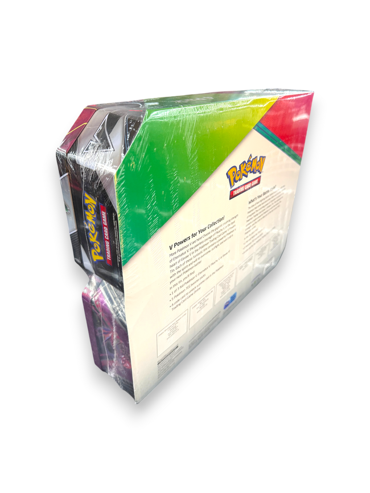 Lowkey Stock Pokémon TCG Costco Exclusive 4-Pack V Tins featuring Pikachu, Eevee, Eternatus, and Tyranitar in packaging