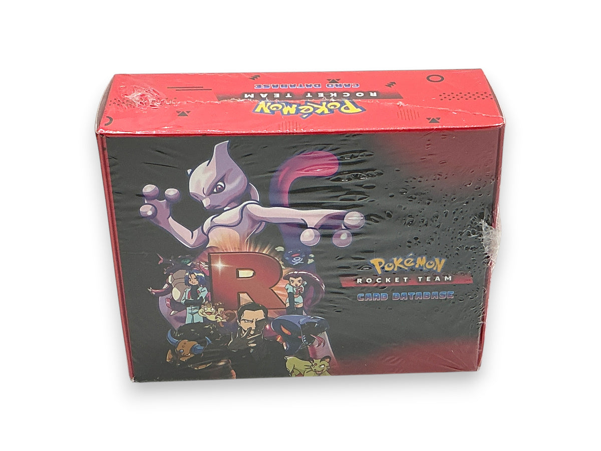 Lowkey Stock sealed Pokemon Team Rocket Database card box featuring Mewtwo and Team Rocket characters in red packaging