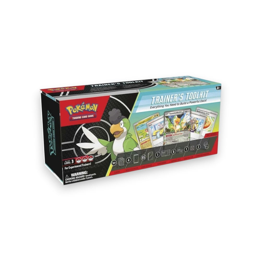 Lowkey Stock Pokémon TCG Trainer's Toolkit 2024 box set featuring Squawkabilly ex cards and deck building supplies.