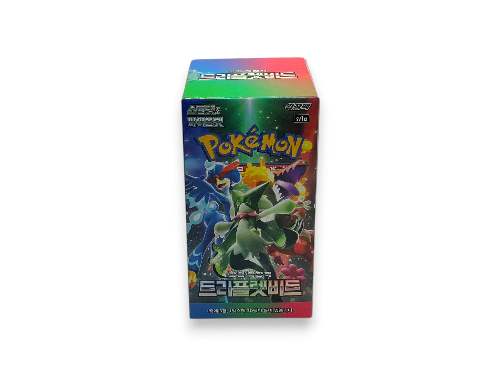 Lowkey Stock sealed Pokemon Scarlet and Violet Triple Beat booster box in Korean version with vibrant character art.