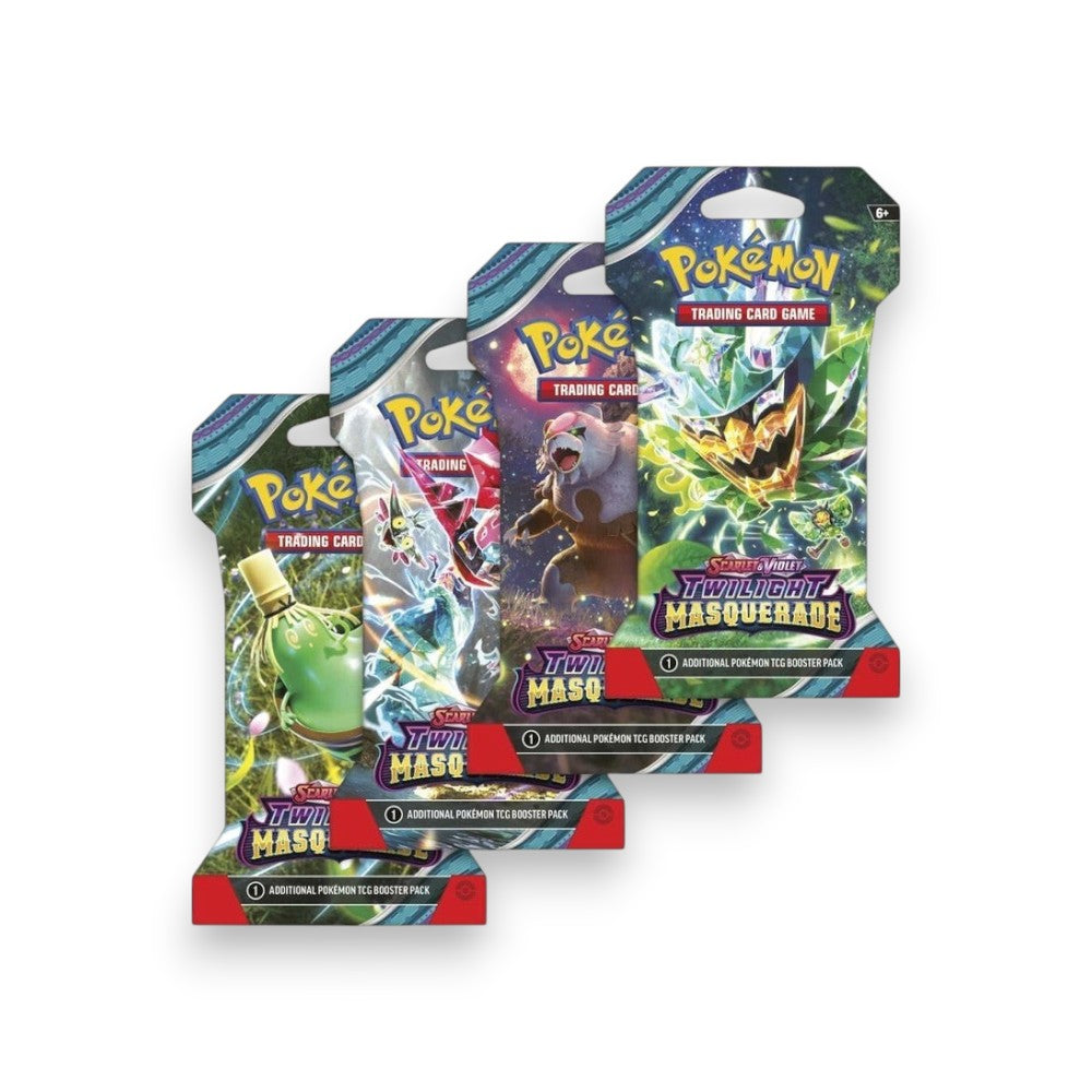 Lowkey Stock Pokémon TCG Scarlet and Violet Twilight Masquerade sleeved booster packs with assorted character art