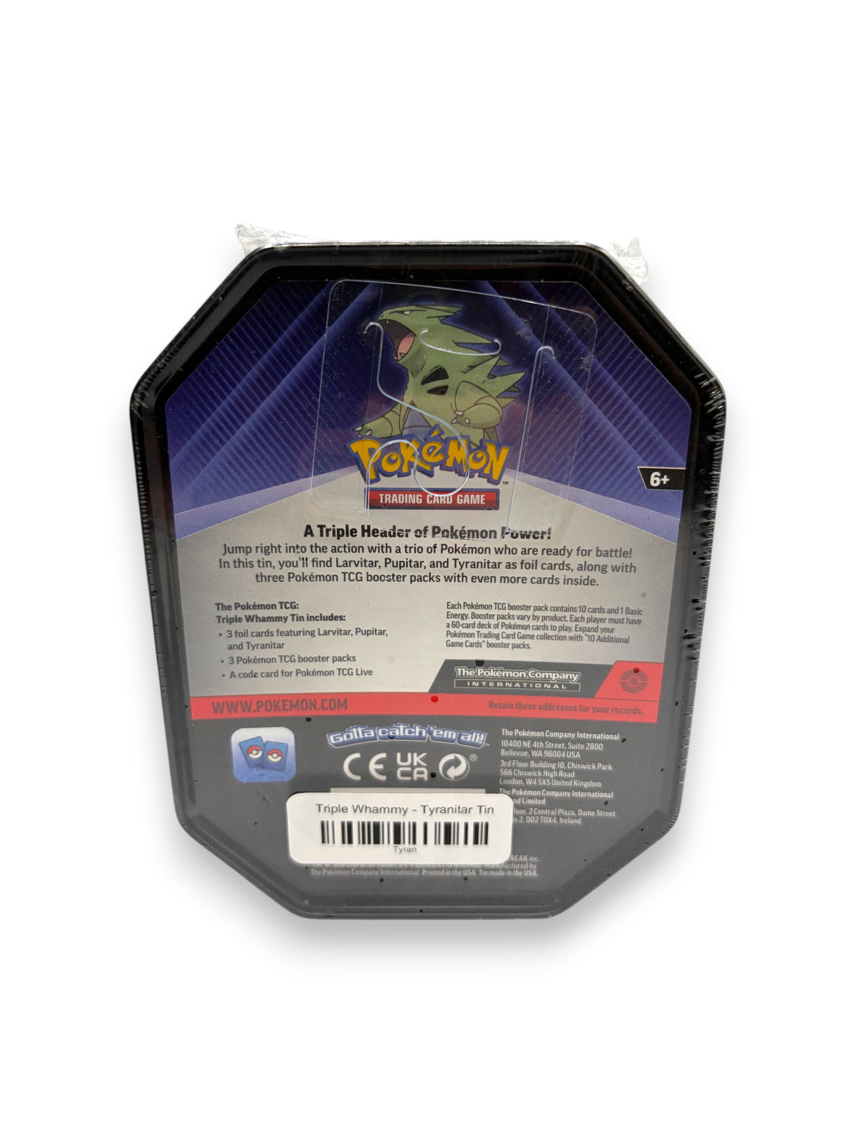 Lowkey Stock Pokemon TCG Triple Whammy Collector Tin featuring Tyranitar artwork and three booster packs