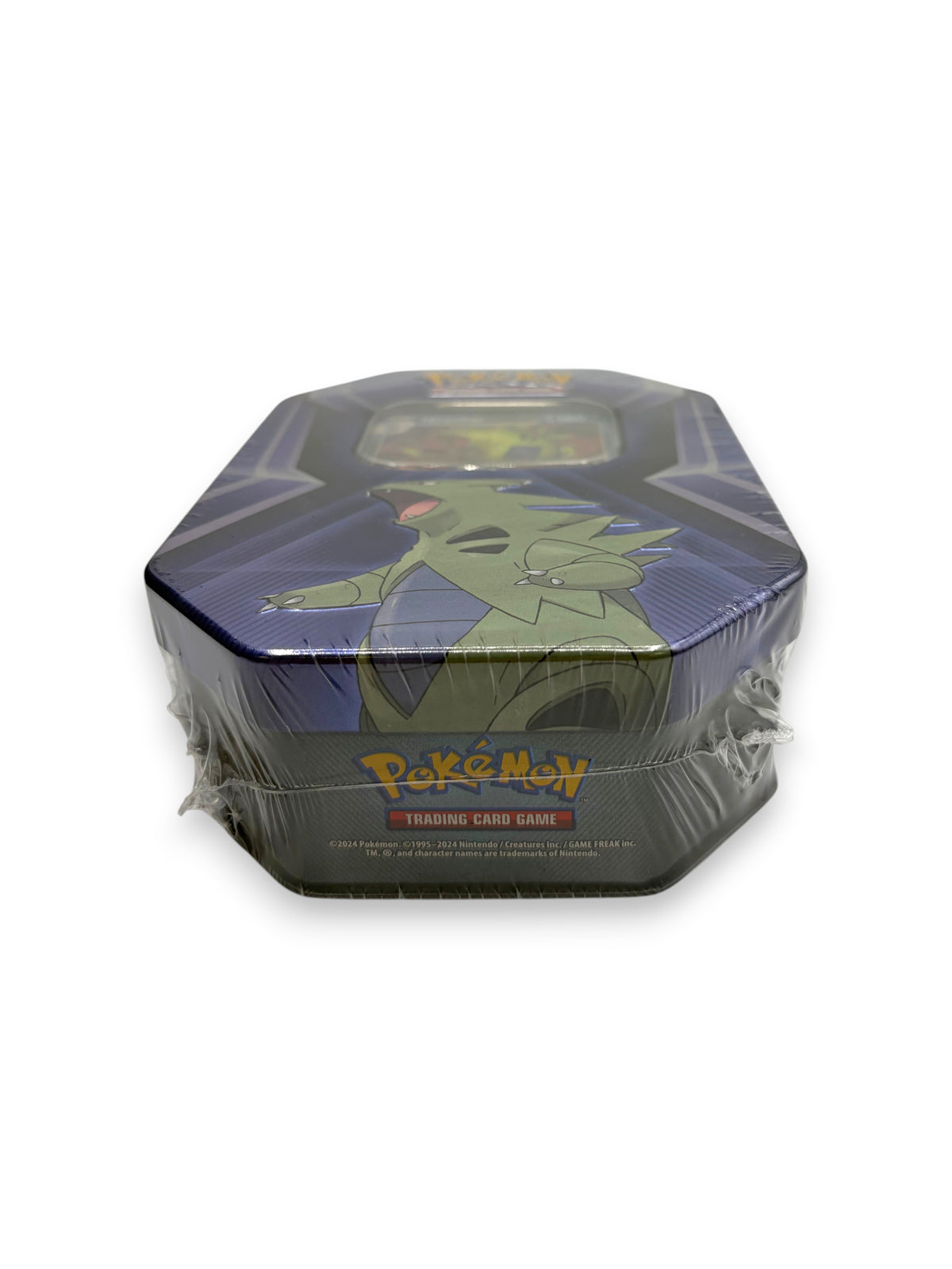 Lowkey Stock Pokemon TCG Triple Whammy Collector Tin featuring Tyranitar artwork in a sealed metal container