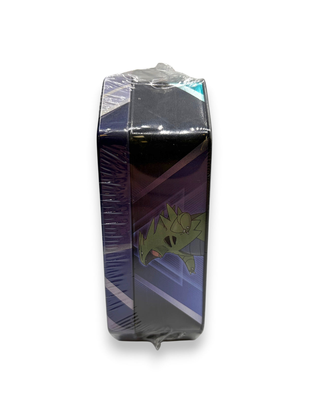 Lowkey Stock Pokemon TCG Triple Whammy Collector Tin featuring Tyranitar, side view of sealed metal container.